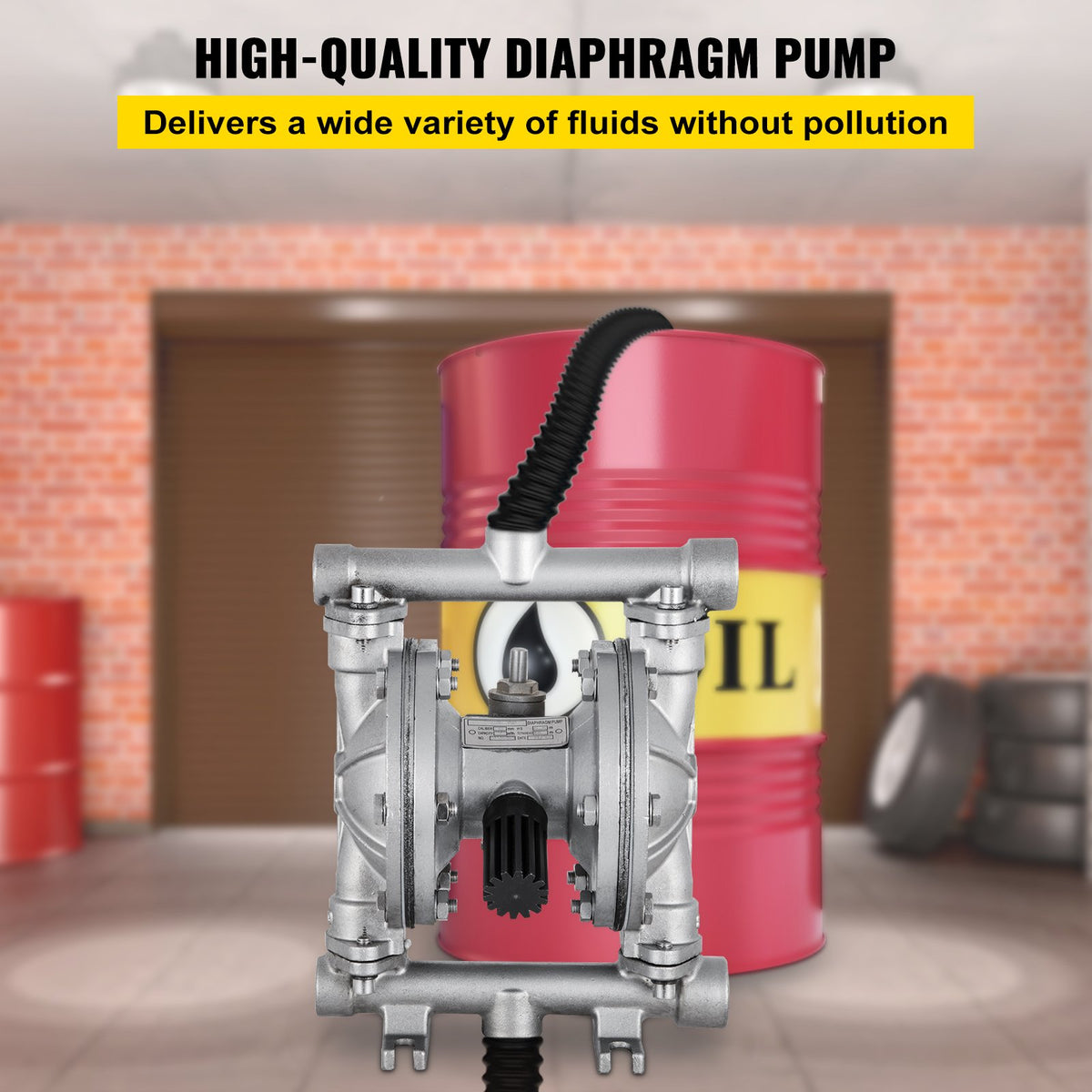 VEVOR Air-Operated Double Diaphragm Pump, Inlet & Outlet, Stainless Steel Body, 11.4L/min(3GPM), PTFE Diaphragm Pneumatic Transfer Pump for Petroleum, Diesel, Oil & Low Viscosity Fluids