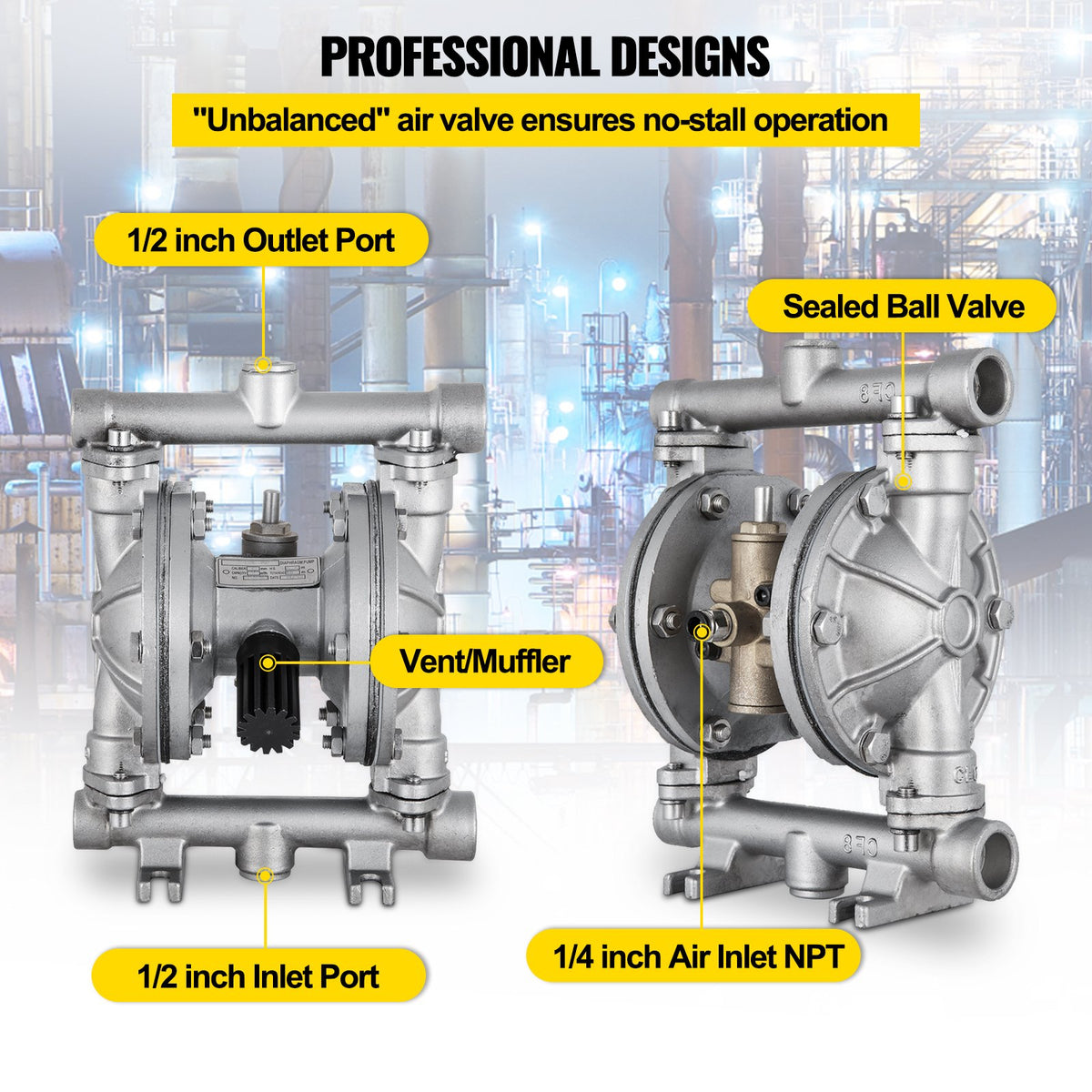 VEVOR Air-Operated Double Diaphragm Pump, Inlet & Outlet, Stainless Steel Body, 11.4L/min(3GPM), PTFE Diaphragm Pneumatic Transfer Pump for Petroleum, Diesel, Oil & Low Viscosity Fluids