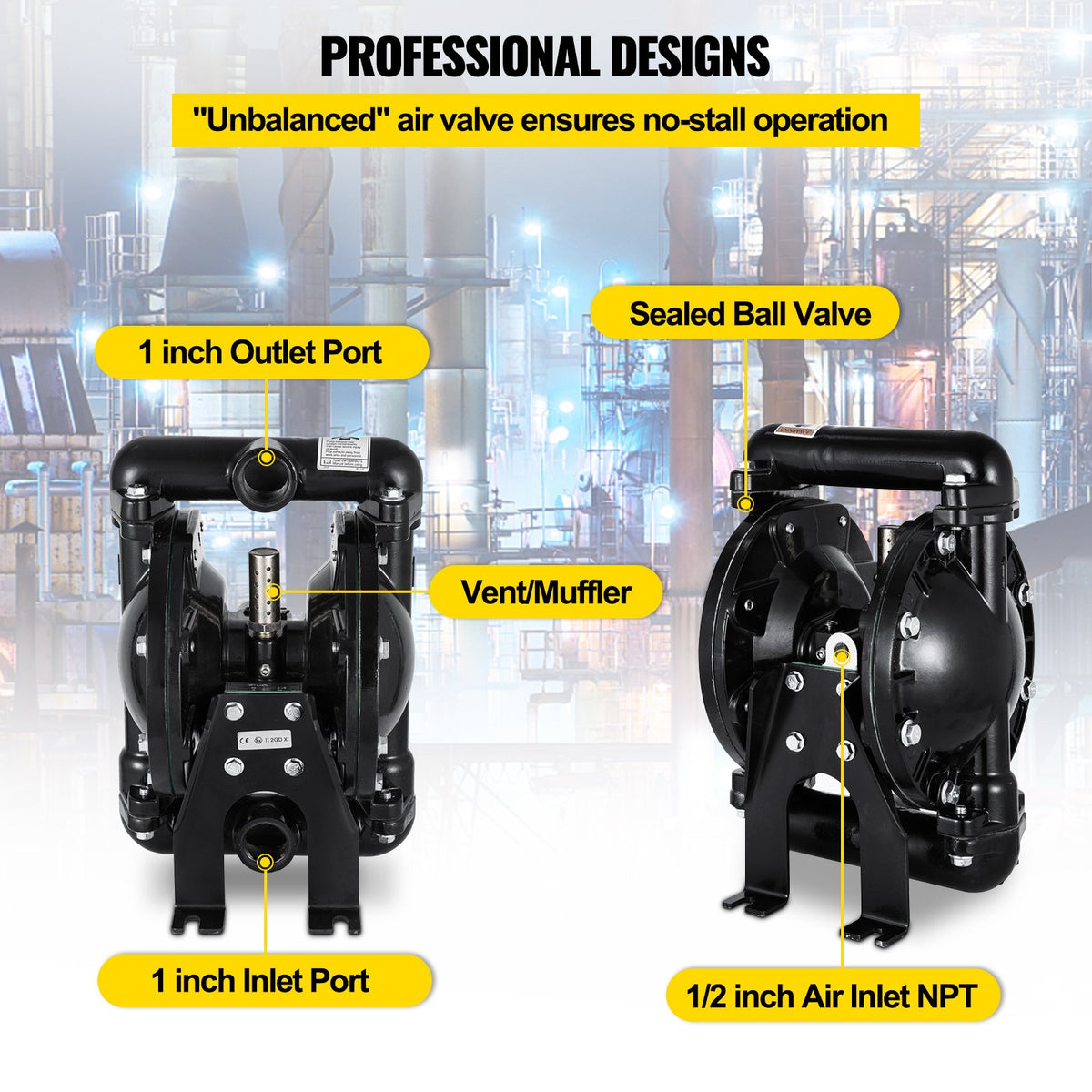 VEVOR Air-Operated Double Diaphragm Pump 25.4mm(1 inch) Inlet Outlet Aluminum 90 L/min(24 GPM) Max 8 bar(120PSI) for Industrial Use