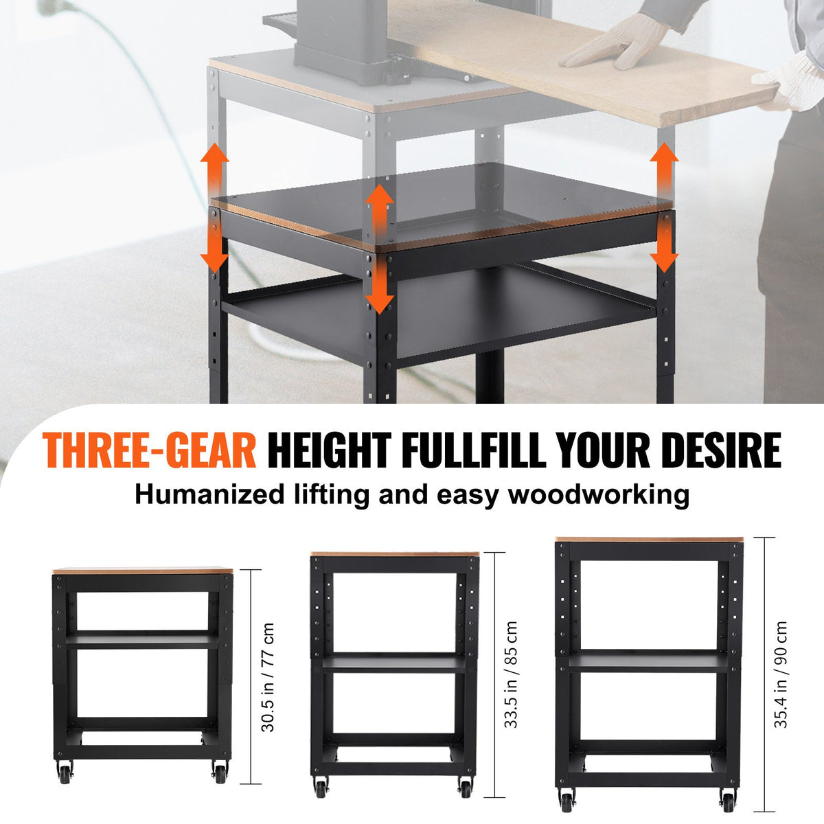 VEVOR Planer Stand, 100 lbs/ 45 kg heavy loads, Three-Gear Height Adjustable thickness planer table,with 4 Stable Casters & Storage Space, for most planers, saws, bench-top machines, power tools