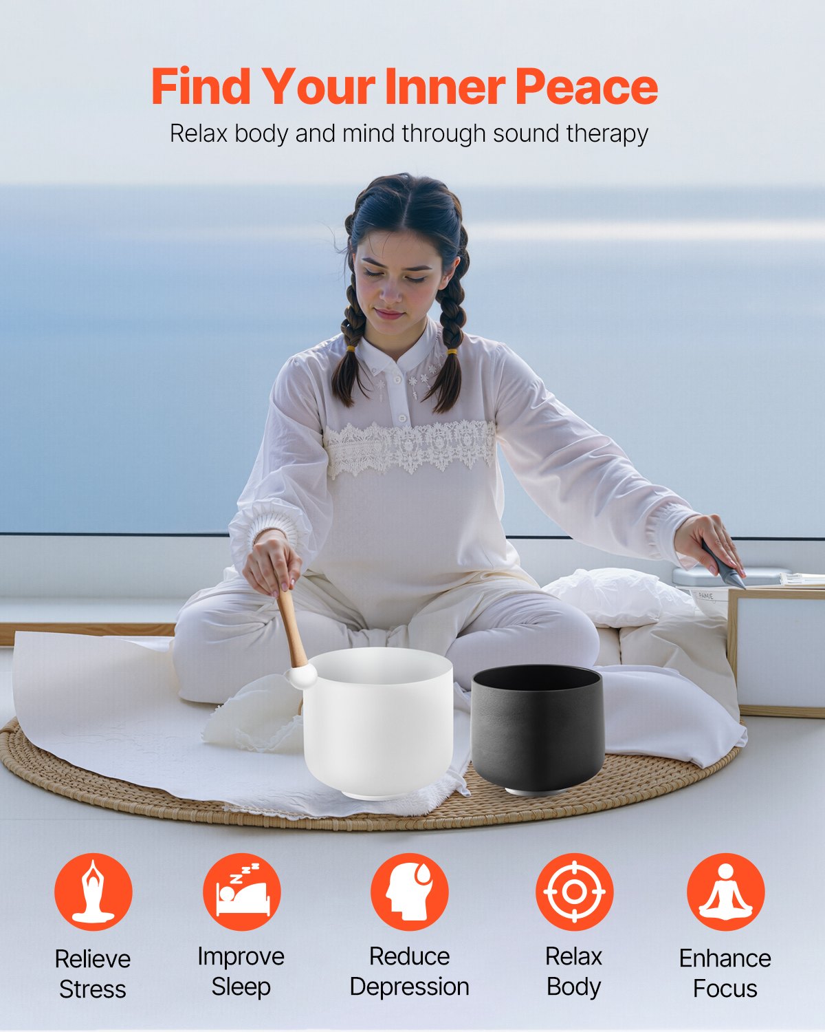VEVOR 2PCS Crystal Singing Bowls, 8-inch and 10-inch A & F Note Singing Bowls, Frosted Quartz Bowl with 10" Carrying Bag, 1 Rubber Mallet and 2 O-Rings, Ideal for Meditation Yoga Sound Healing