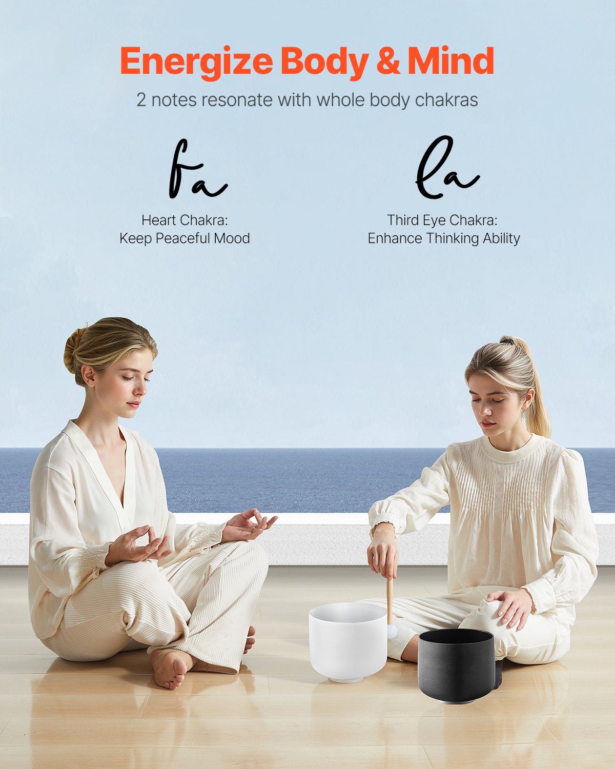VEVOR 2PCS Crystal Singing Bowls, 8-inch and 10-inch A & F Note Singing Bowls, Frosted Quartz Bowl with 10" Carrying Bag, 1 Rubber Mallet and 2 O-Rings, Ideal for Meditation Yoga Sound Healing