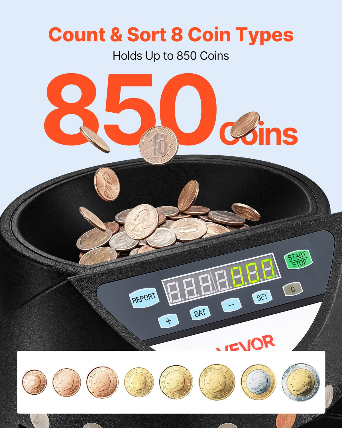 VEVOR Coin Counter Machine, 8 Denominations, Accurate Coin Sorter Machine, Sorts Up to 147 Coins Per Minute, Change Counter Sorter with LED Display, Smooth Operation, Batch Feature, Holds 850 Coins