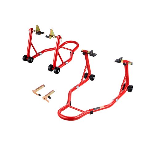 VEVOR Motorcycle Stand Lift, 850lbs Capacity Front Rear Combo Stand Lift, Front Wheel Dual-Fork Stand, Rear U+L Fork Swingarm Spool Stand, for Most Yamaha Honda Kawasaki Suzuki Motorcycles, Red