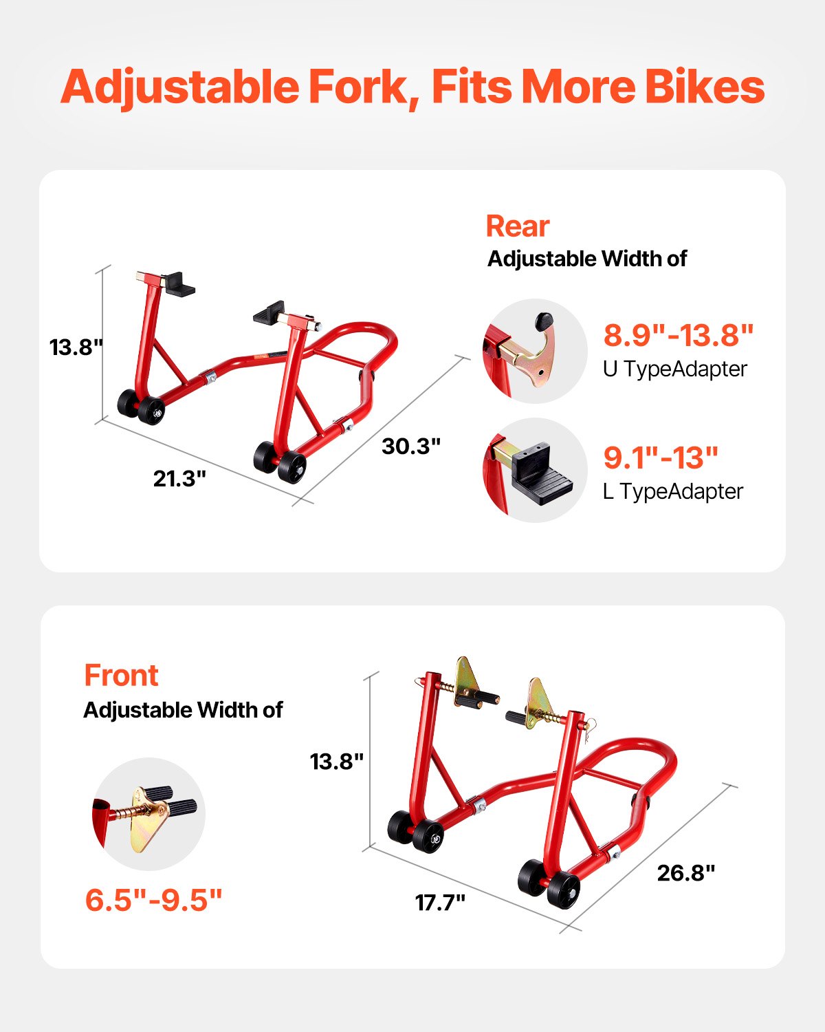 VEVOR Motorcycle Stand Lift, 850lbs Capacity Front Rear Combo Stand Lift, Front Wheel Dual-Fork Stand, Rear U+L Fork Swingarm Spool Stand, for Most Yamaha Honda Kawasaki Suzuki Motorcycles, Red