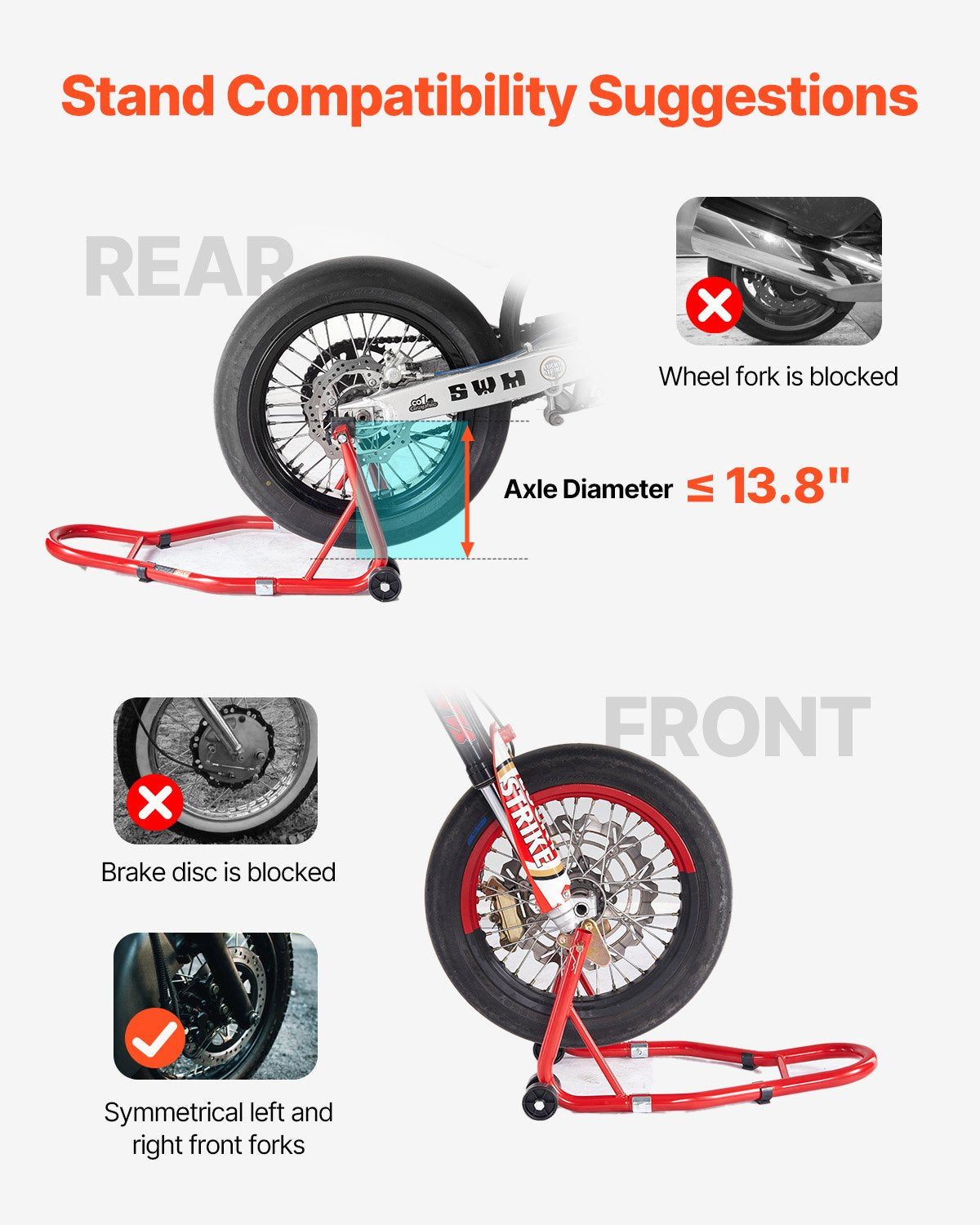 VEVOR Motorcycle Stand Lift, 850lbs Capacity Front Rear Combo Stand Lift, Front Wheel Dual-Fork Stand, Rear U+L Fork Swingarm Spool Stand, for Most Yamaha Honda Kawasaki Suzuki Motorcycles, Red