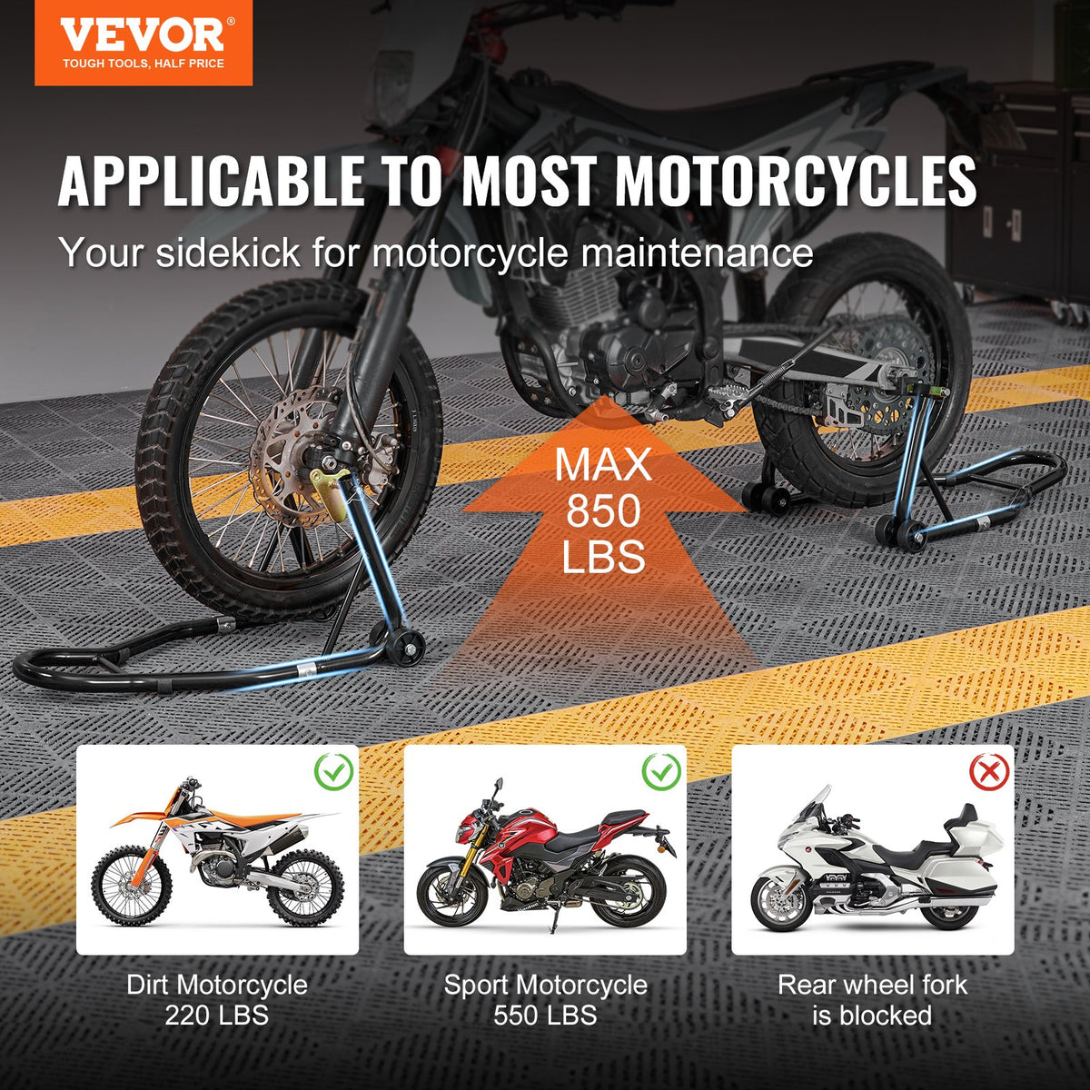 VEVOR Motorcycle Stand Lift, 0.39 Tons Front Rear Combo Stand Lift Stand, Front and Rear Wheel Fork Stand, U+L Fork Swingarm Spool, Compatible with Most Yamaha Honda Kawasaki Suzuki Motorcycles, Black