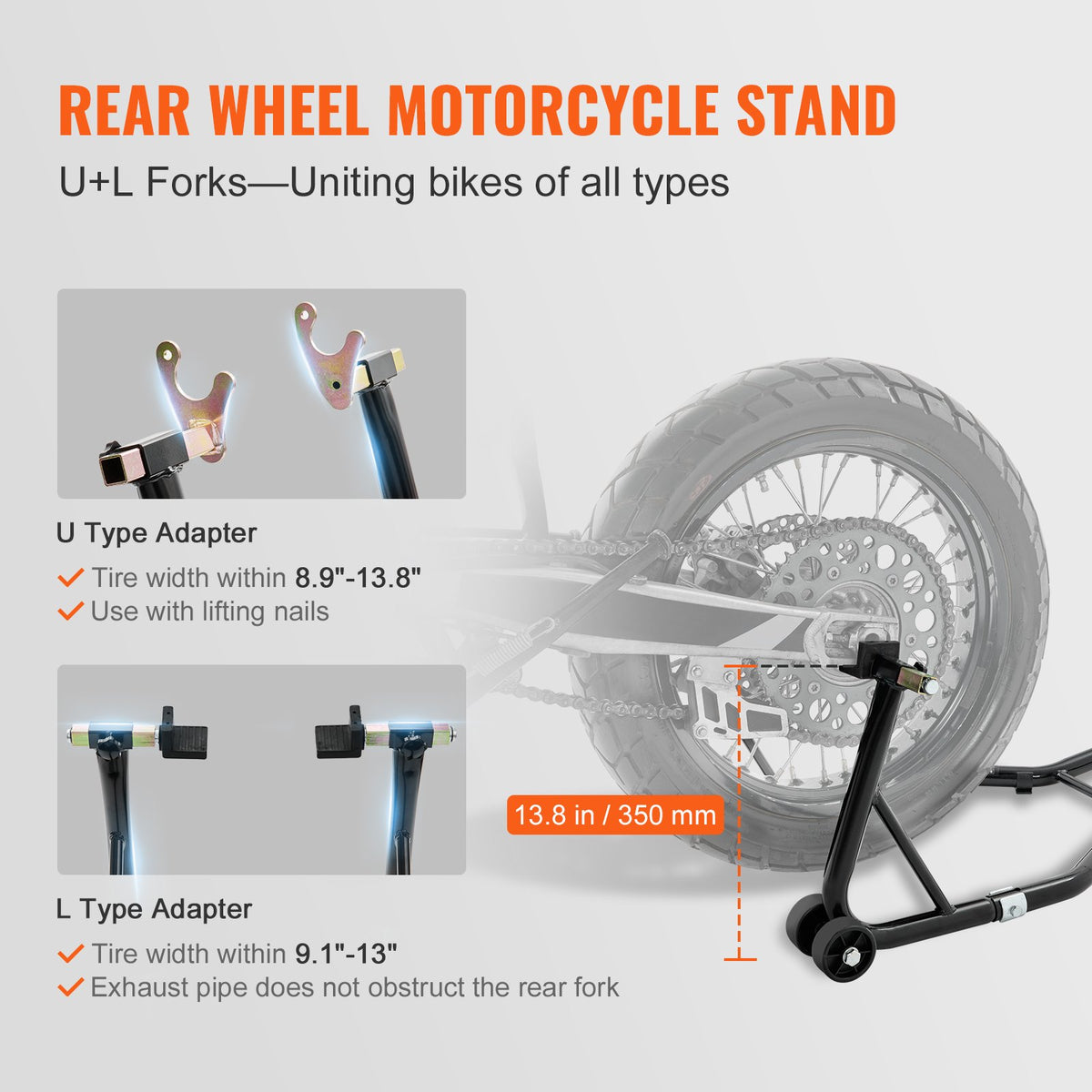 VEVOR Motorcycle Stand Lift, 0.39 Tons Front Rear Combo Stand Lift Stand, Front and Rear Wheel Fork Stand, U+L Fork Swingarm Spool, Compatible with Most Yamaha Honda Kawasaki Suzuki Motorcycles, Black