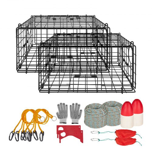 VEVOR Crab Trap, 2 Packs, 62 x 62 x 30 cm Heavy Duty Large Crab Pot Trap for Dungeness, Black PVC Coated Wire Mesh for Stealth, with Gauge, Red/White Float, 100ft Leaded Core Rope, and Gloves
