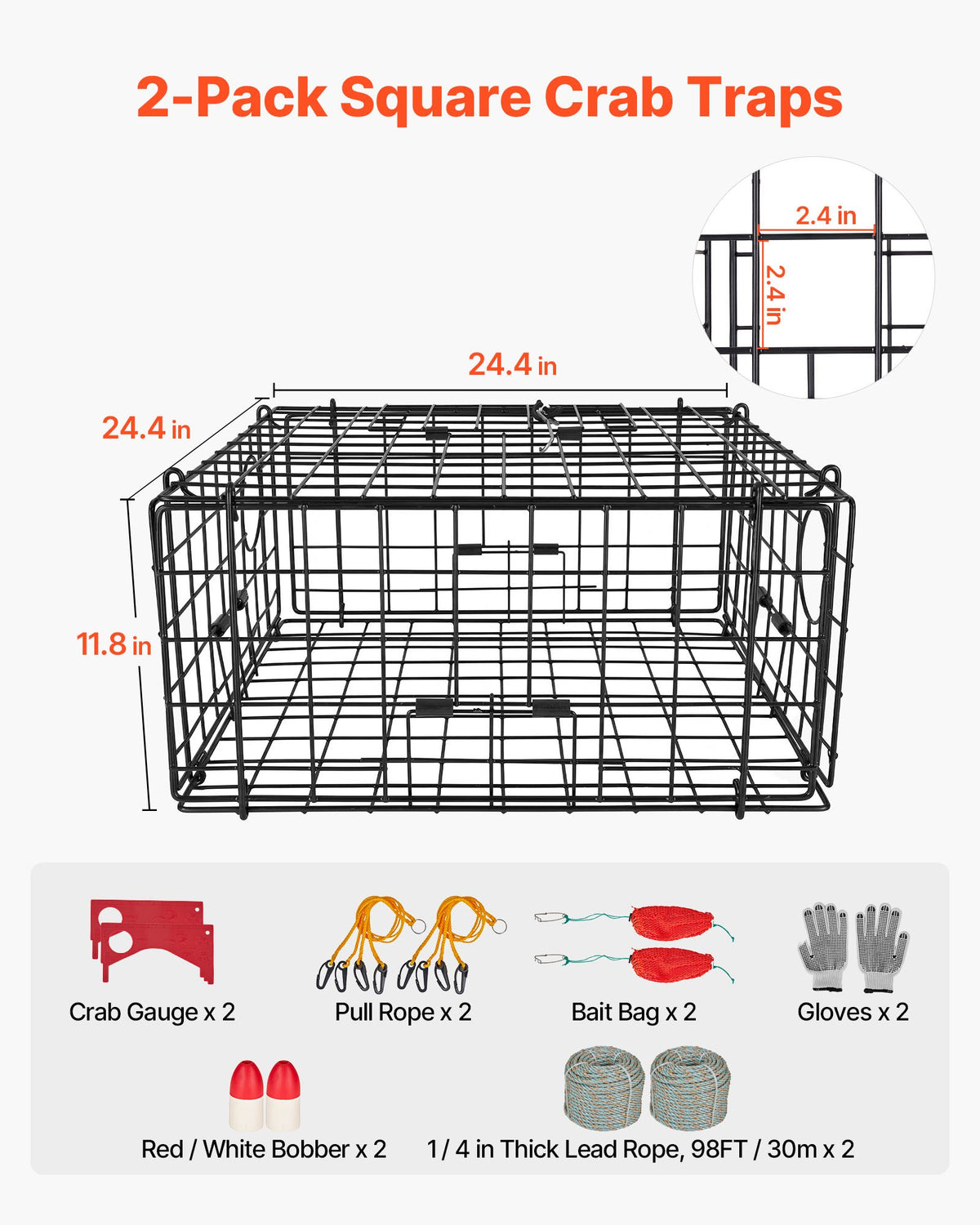 VEVOR Crab Trap, 2 Packs, 62 x 62 x 30 cm Heavy Duty Large Crab Pot Trap for Dungeness, Black PVC Coated Wire Mesh for Stealth, with Gauge, Red/White Float, 100ft Leaded Core Rope, and Gloves