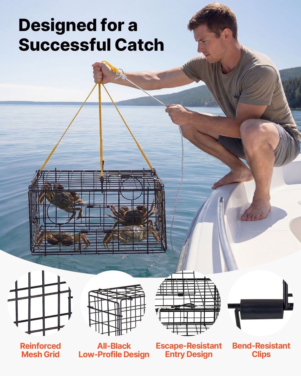 VEVOR Crab Trap, 2 Packs, 62 x 62 x 30 cm Heavy Duty Large Crab Pot Trap for Dungeness, Black PVC Coated Wire Mesh for Stealth, with Gauge, Red/White Float, 100ft Leaded Core Rope, and Gloves
