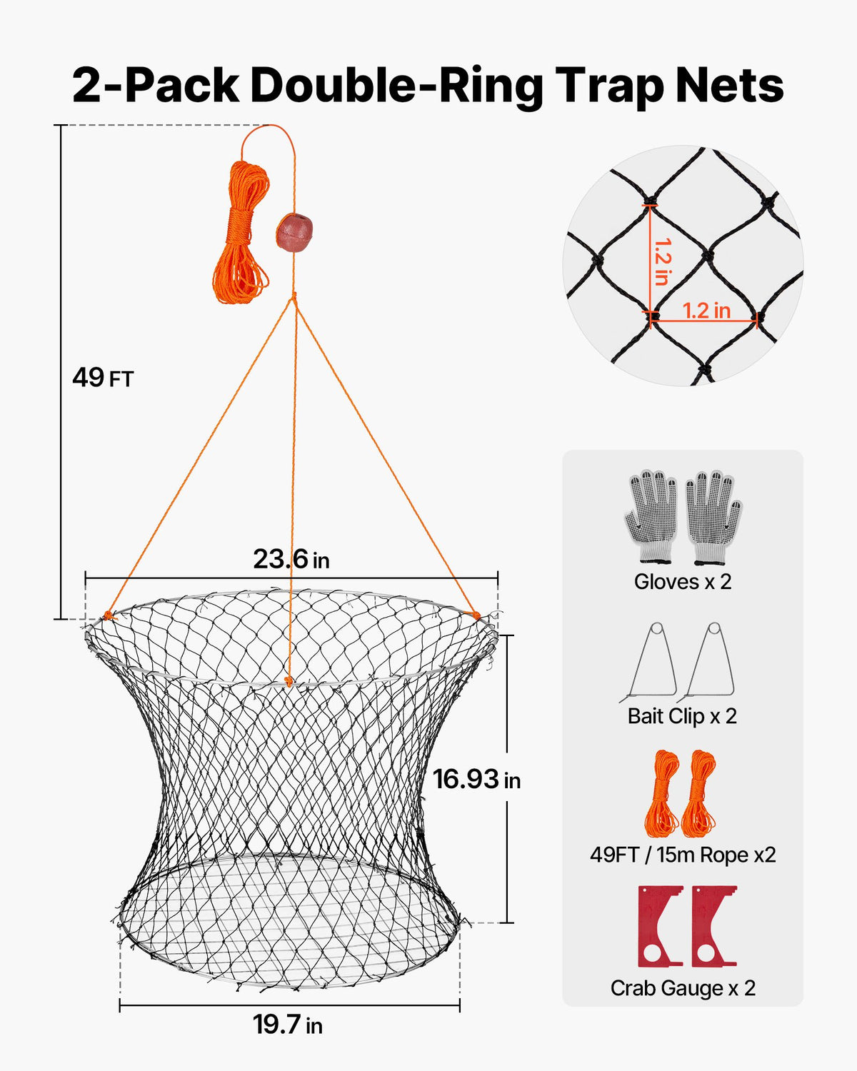 VEVOR Double Ring Crab Trap, 60 cm Top, 50 cm Bottom, Two Rings Crab Kit, Foldable Fishing Net with Gauge, 60 ft Rope, Wire Grid Bottom, Rock and Blue Crab, Dock & Pier Crabbing, 2 Set