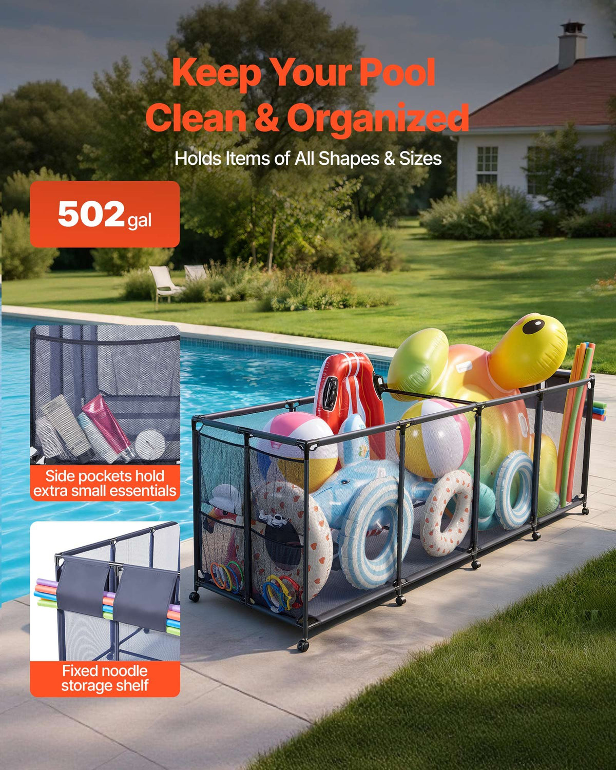 VEVOR Pool Storage Bin, 262 x 81.5 x 89 cm, Rolling Pool Float Storage Organizer with Side Pockets & Noodles Holder, Durable Metal Frame, Poolside Toys Breathable Mesh Basket for Swimming Pools