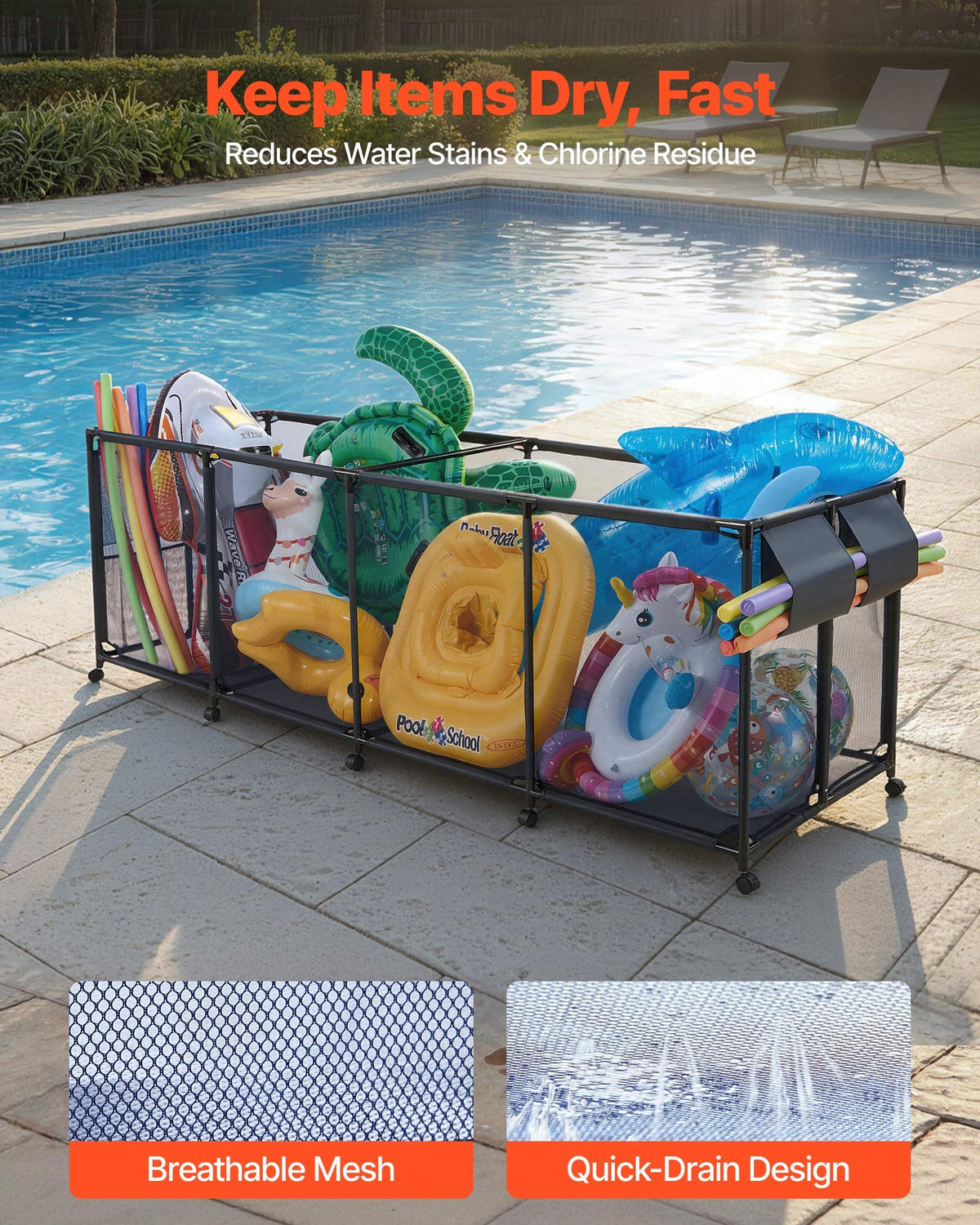 VEVOR Pool Storage Bin, 262 x 81.5 x 89 cm, Rolling Pool Float Storage Organizer with Side Pockets & Noodles Holder, Durable Metal Frame, Poolside Toys Breathable Mesh Basket for Swimming Pools