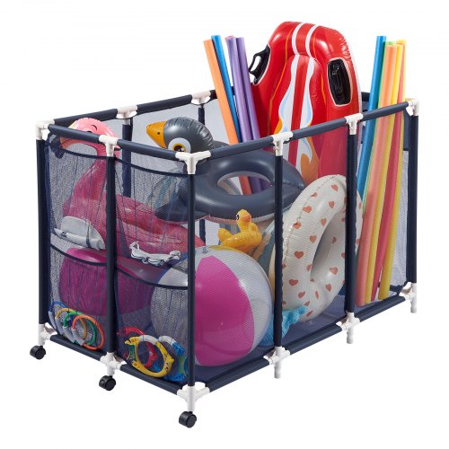 VEVOR Pool Storage Bin, c, Rolling Pool Float Storage Organizer with Side Pockets & Casters, Heavy Duty Plastic Frame, Poolside Toys Noodles Holder Mesh Basket for Swimming Pools