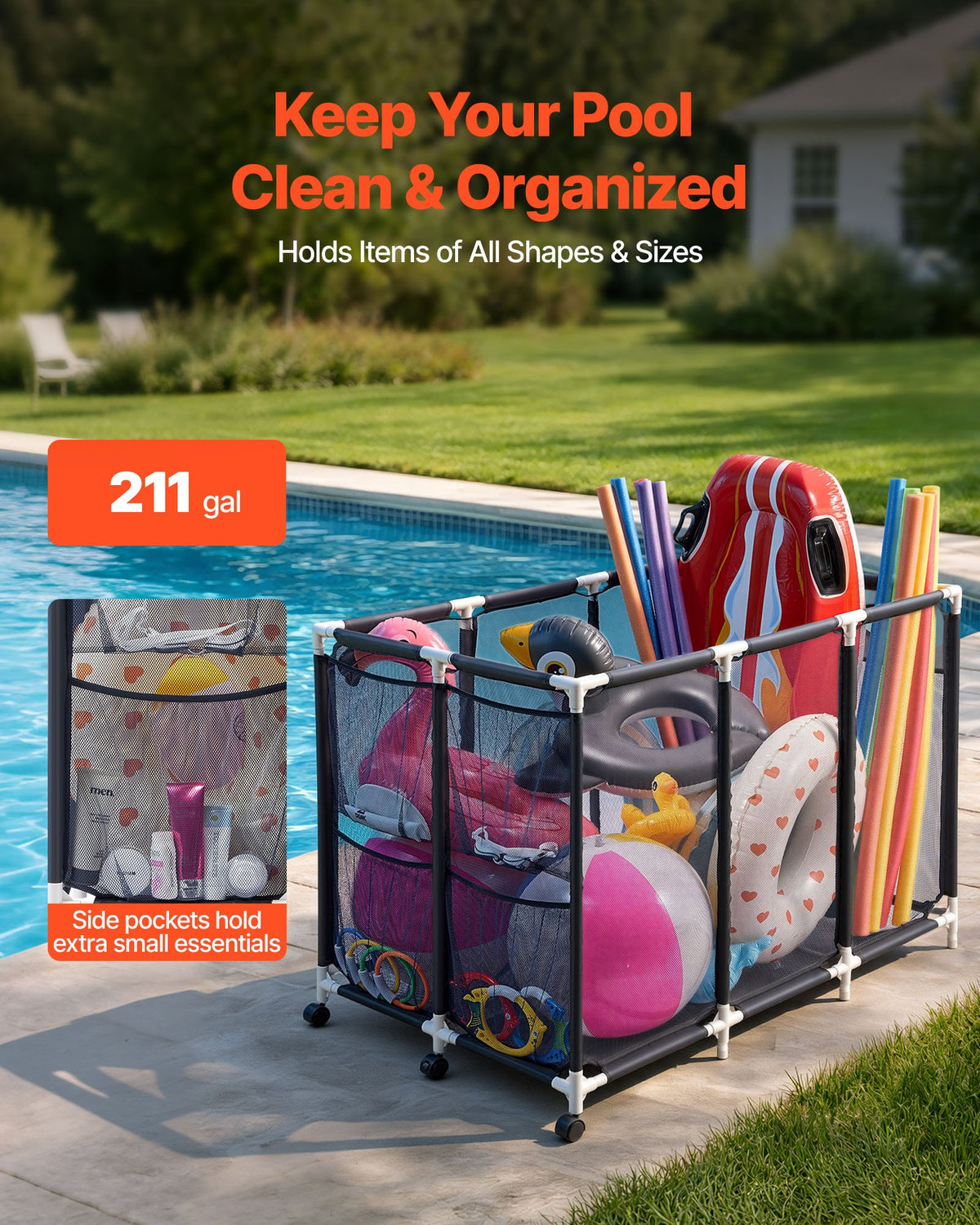 VEVOR Pool Storage Bin, c, Rolling Pool Float Storage Organizer with Side Pockets & Casters, Heavy Duty Plastic Frame, Poolside Toys Noodles Holder Mesh Basket for Swimming Pools
