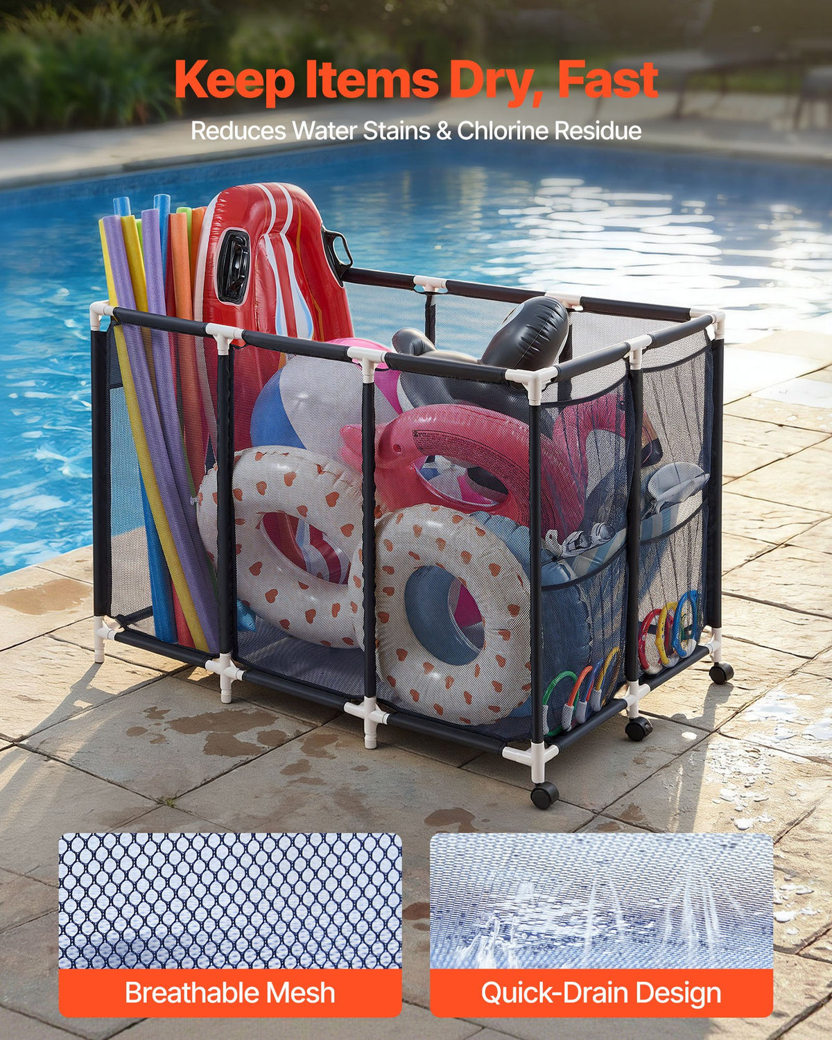 VEVOR Pool Storage Bin, c, Rolling Pool Float Storage Organizer with Side Pockets & Casters, Heavy Duty Plastic Frame, Poolside Toys Noodles Holder Mesh Basket for Swimming Pools