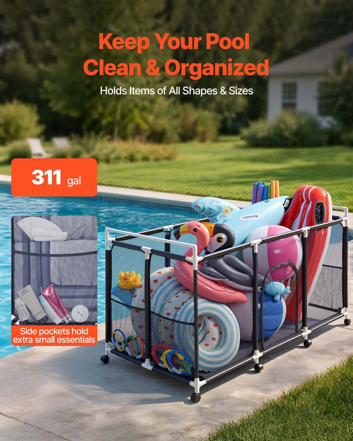 VEVOR Pool Storage Bin, 159 x 81.5 x 91.5 cm, Rolling Pool Float Storage Organizer with Side Pockets & Casters, Durable Plastic Frame, Poolside Toys Noodles Holder Mesh Basket for Swimming Pools