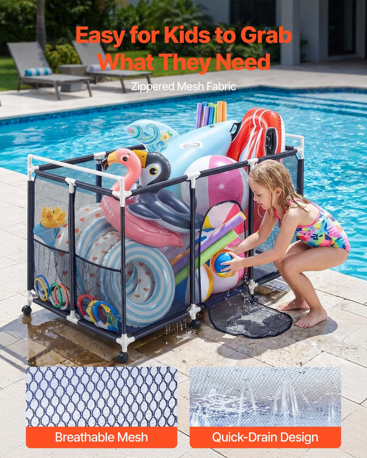 VEVOR Pool Storage Bin, 159 x 81.5 x 91.5 cm, Rolling Pool Float Storage Organizer with Side Pockets & Casters, Durable Plastic Frame, Poolside Toys Noodles Holder Mesh Basket for Swimming Pools