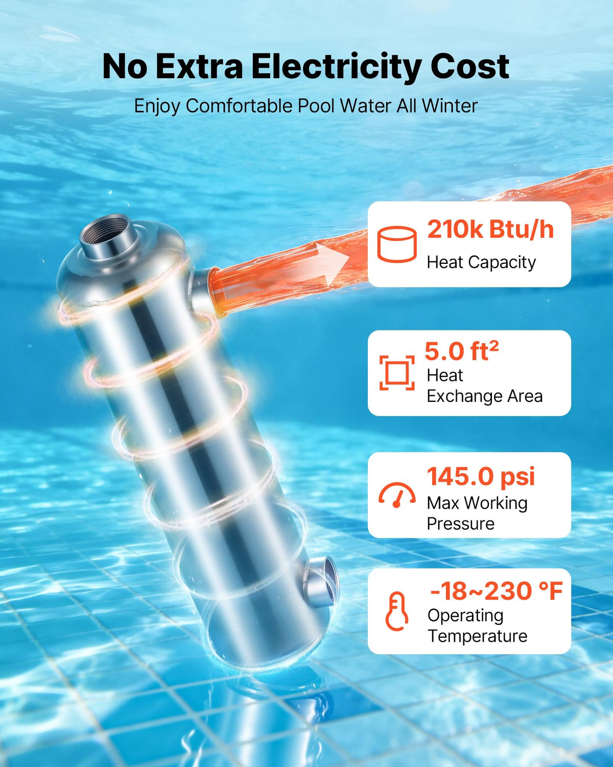 VEVOR Pool Heat Exchanger, 210K BTU Swimming Pool Heater Exchanger, 316L Stainless Steel Construction, High Efficiency Water to Water Transfer Heating System for Spa, Hot Tub, Indoor/Outdoor, Silver