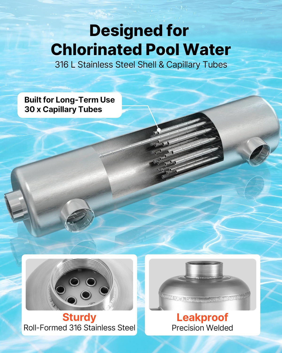 VEVOR Pool Heat Exchanger, 210K BTU Swimming Pool Heater Exchanger, 316L Stainless Steel Construction, High Efficiency Water to Water Transfer Heating System for Spa, Hot Tub, Indoor/Outdoor, Silver