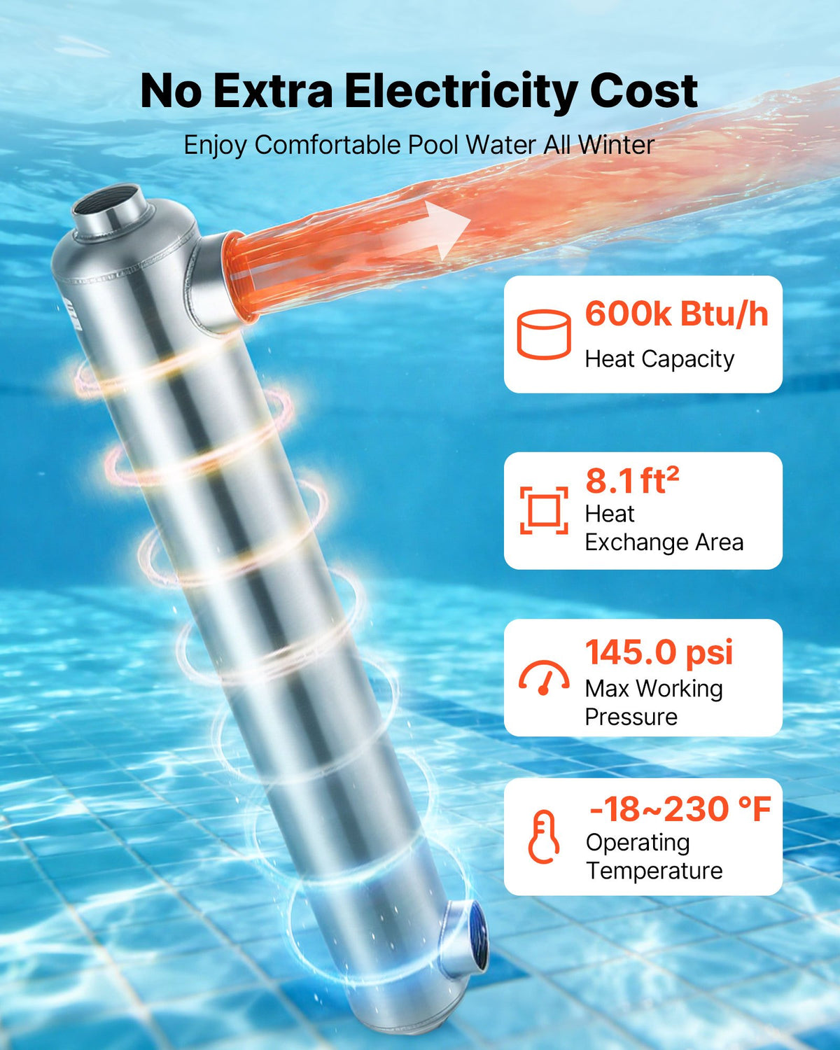 VEVOR Pool Heat Exchanger, 600K BTU Swimming Pool Heater Exchanger, 316L Stainless Steel Construction, High Efficiency Water to Water Transfer Heating System for Spa, Hot Tub, Indoor/Outdoor, Silver