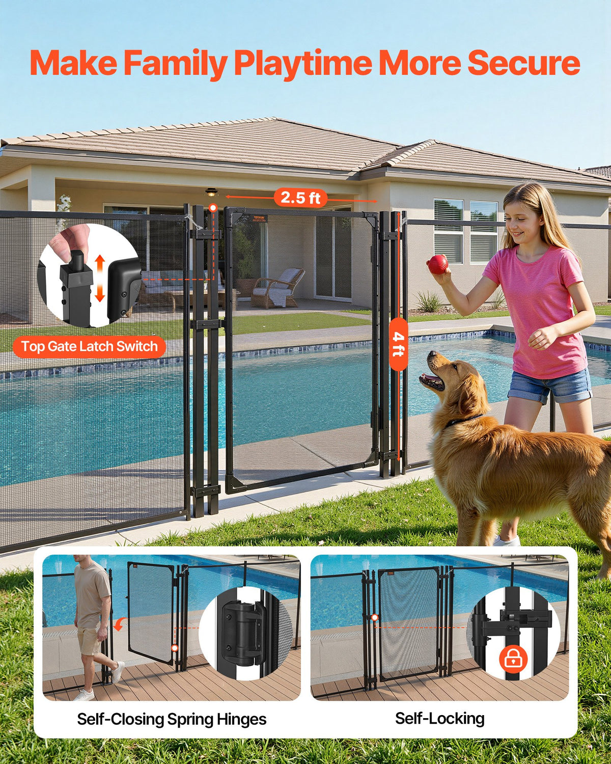 VEVOR Pool Fence Gate, 1.2 x 0.75 m Inground Swimming Pool Fences Gate, Outdoor Security Fencing Door Kit with Self-Closing and Self-Locking Design, 352 gsm Teslin PVC Mesh, Easy Installation, Black