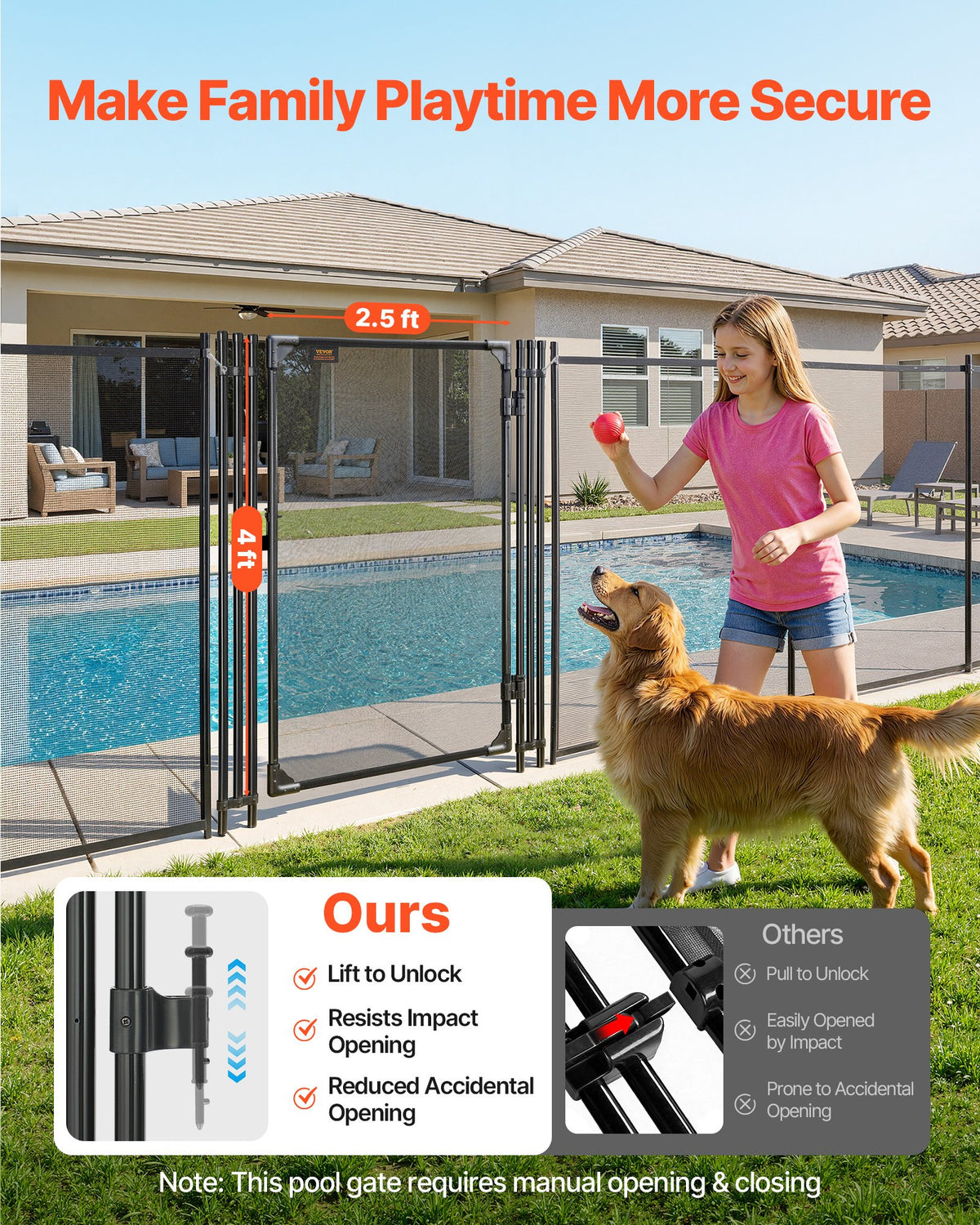 VEVOR Pool Fence Gate, 1.2 x 0.75 m Inground Swimming Pool Fences Gate, Outdoor Security Fencing Door Kit with Metal Latch, 352 gsm Teslin PVC Mesh, Round Tube, Lockable and Easy Installation, Black