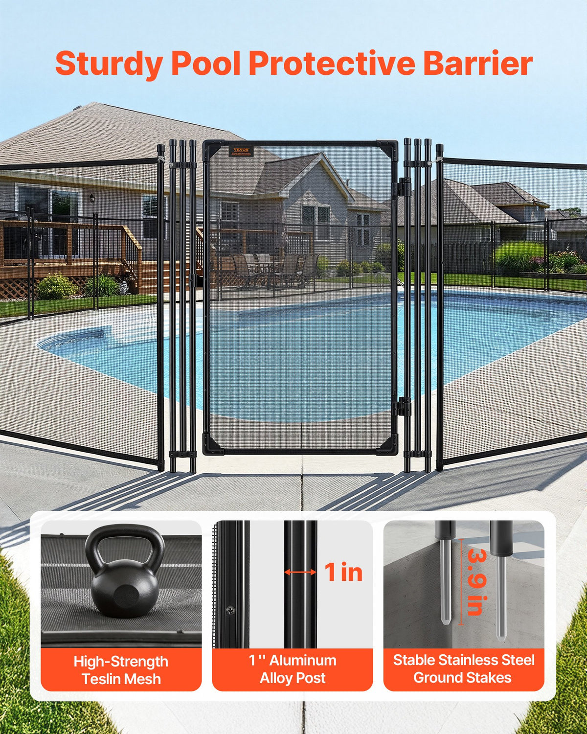 VEVOR Pool Fence Gate, 1.2 x 0.75 m Inground Swimming Pool Fences Gate, Outdoor Security Fencing Door Kit with Metal Latch, 352 gsm Teslin PVC Mesh, Round Tube, Lockable and Easy Installation, Black