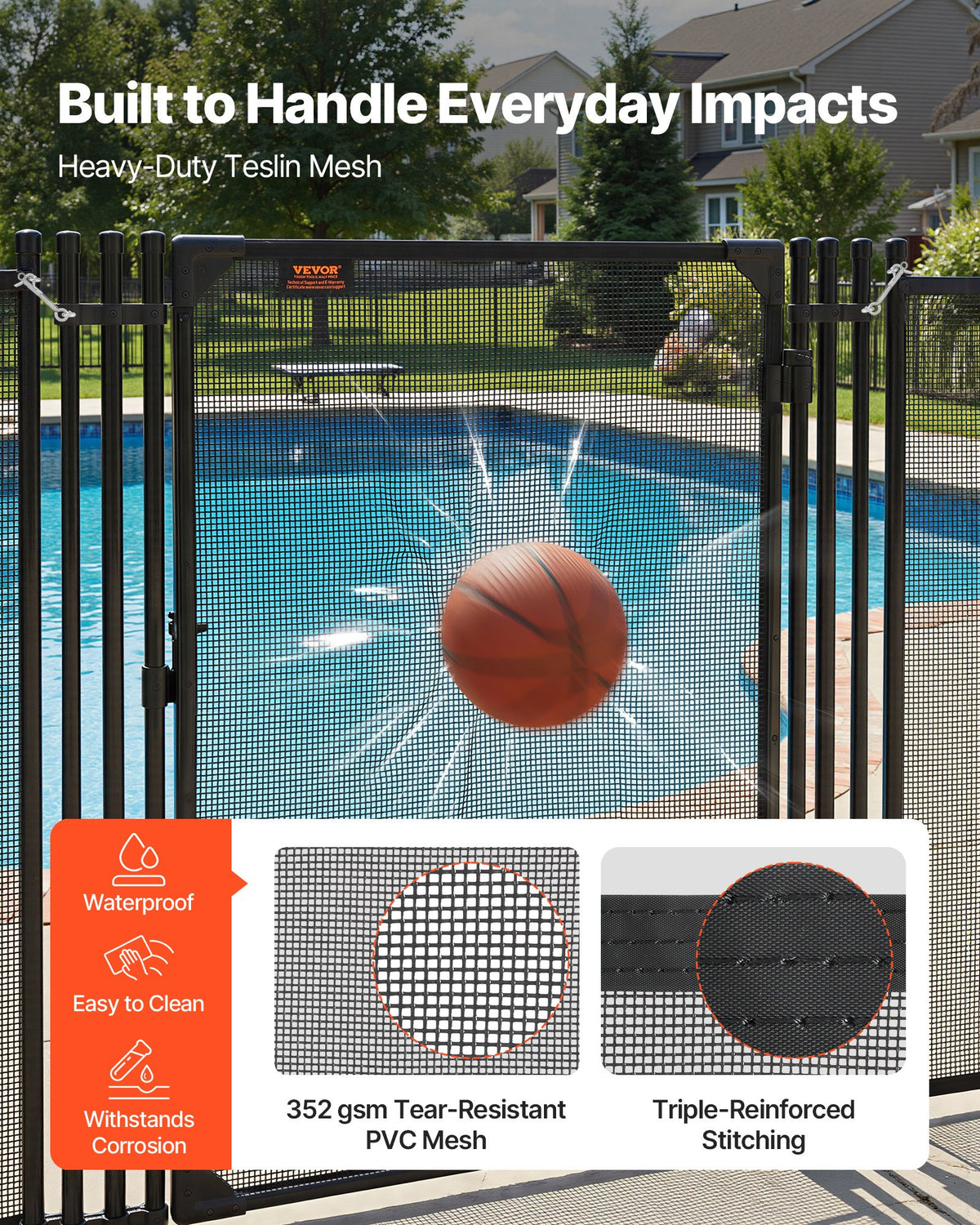 VEVOR Pool Fence Gate, 1.2 x 0.75 m Inground Swimming Pool Fences Gate, Outdoor Security Fencing Door Kit with Metal Latch, 352 gsm Teslin PVC Mesh, Round Tube, Lockable and Easy Installation, Black