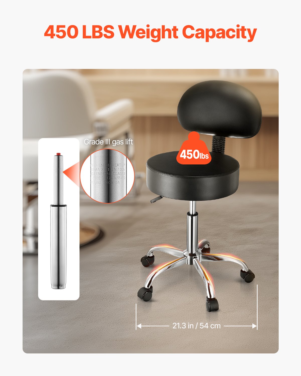 VEVOR Rolling Stool with Back Support and Wheels, 450 LBS Weight Capacity Round Rolling Stool Chair, Height Adjustable Thickened PU Leather Swivel Stool for Salon, Spa, Massage, Tattoo, Clinic, Black