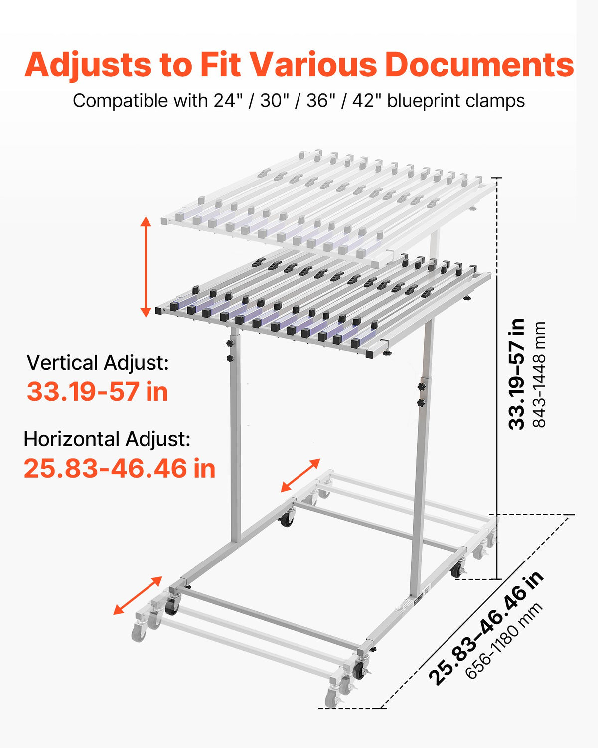 VEVOR Blueprint Storage Rack, Steel, Mobile Adjustable Blueprint Holder, Vertical Drawing Rack with Wheels, File Storage Organizer Stand, for Construction Plans Posters Home Office, Without Clamps