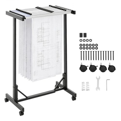 VEVOR Blueprint Storage Rack, Steel, Mobile Adjustable Blueprint Holder with 12 Pack of 762 mm Aluminum Clamps, Wheels, Display Rack Storage Organizer Stand, for File Display Plan Poster Office Home