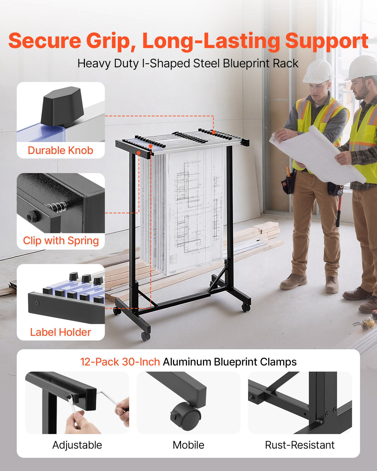 VEVOR Blueprint Storage Rack, Steel, Mobile Adjustable Blueprint Holder with 12 Pack of 762 mm Aluminum Clamps, Wheels, Display Rack Storage Organizer Stand, for File Display Plan Poster Office Home