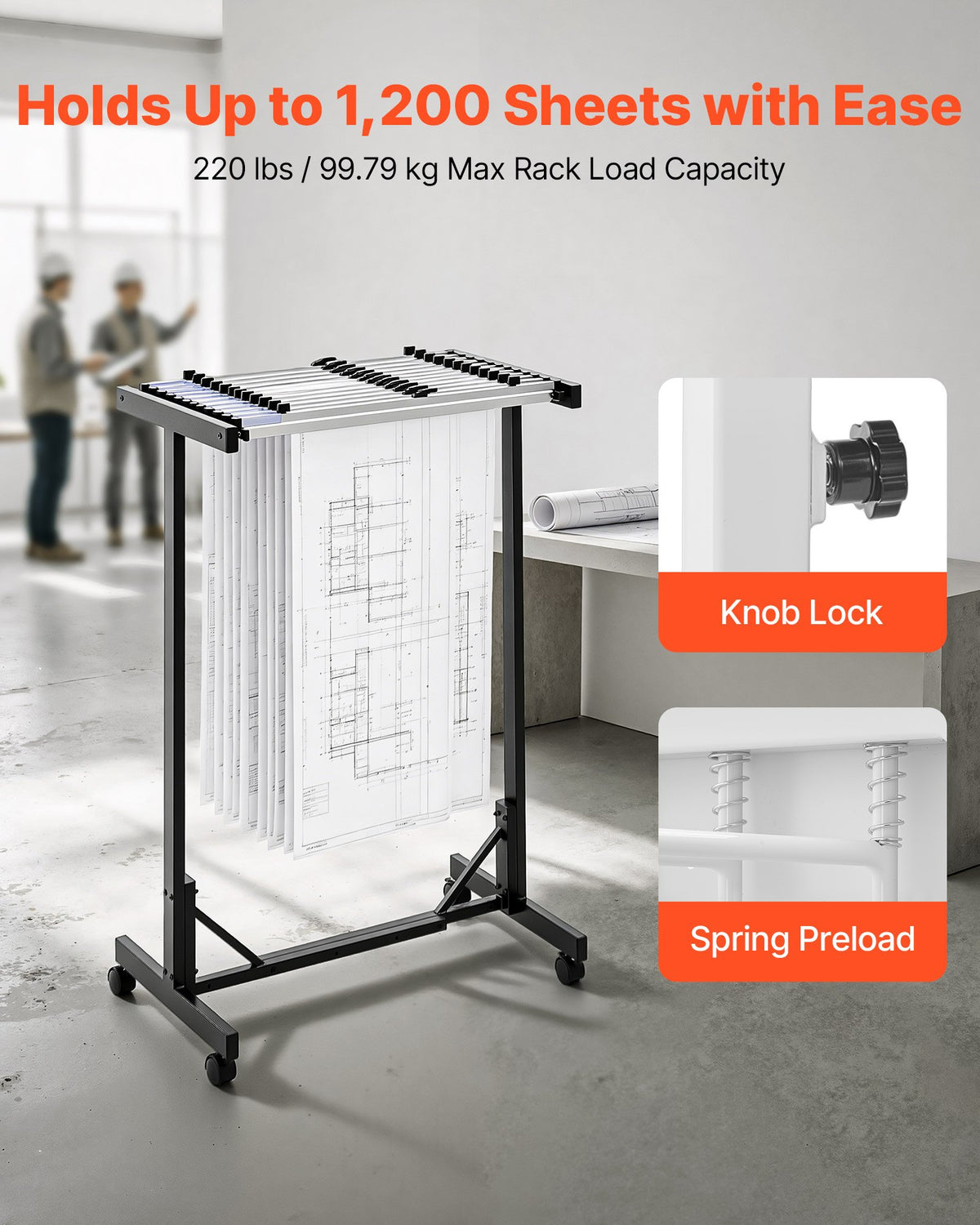 VEVOR Blueprint Storage Rack, Steel, Mobile Adjustable Blueprint Holder with 12 Pack of 762 mm Aluminum Clamps, Wheels, Display Rack Storage Organizer Stand, for File Display Plan Poster Office Home