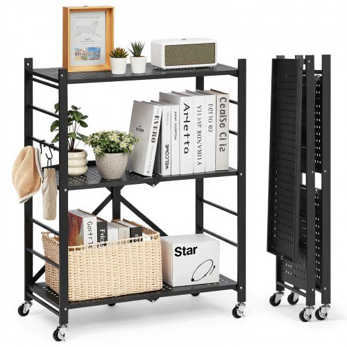 VEVOR 3-Tier Foldable Storage Shelf, 28W x 13D x 36H Inch Folding Metal Rack Shelving Unit, No Assembly Organizer Shelf with 5 Wheels & 4 Hooks for Pantry, Kitchen, Garage, Basement, Black