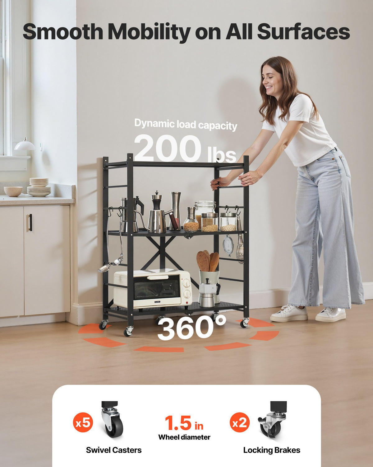 VEVOR 3-Tier Foldable Storage Shelf, 28W x 13D x 36H Inch Folding Metal Rack Shelving Unit, No Assembly Organizer Shelf with 5 Wheels & 4 Hooks for Pantry, Kitchen, Garage, Basement, Black