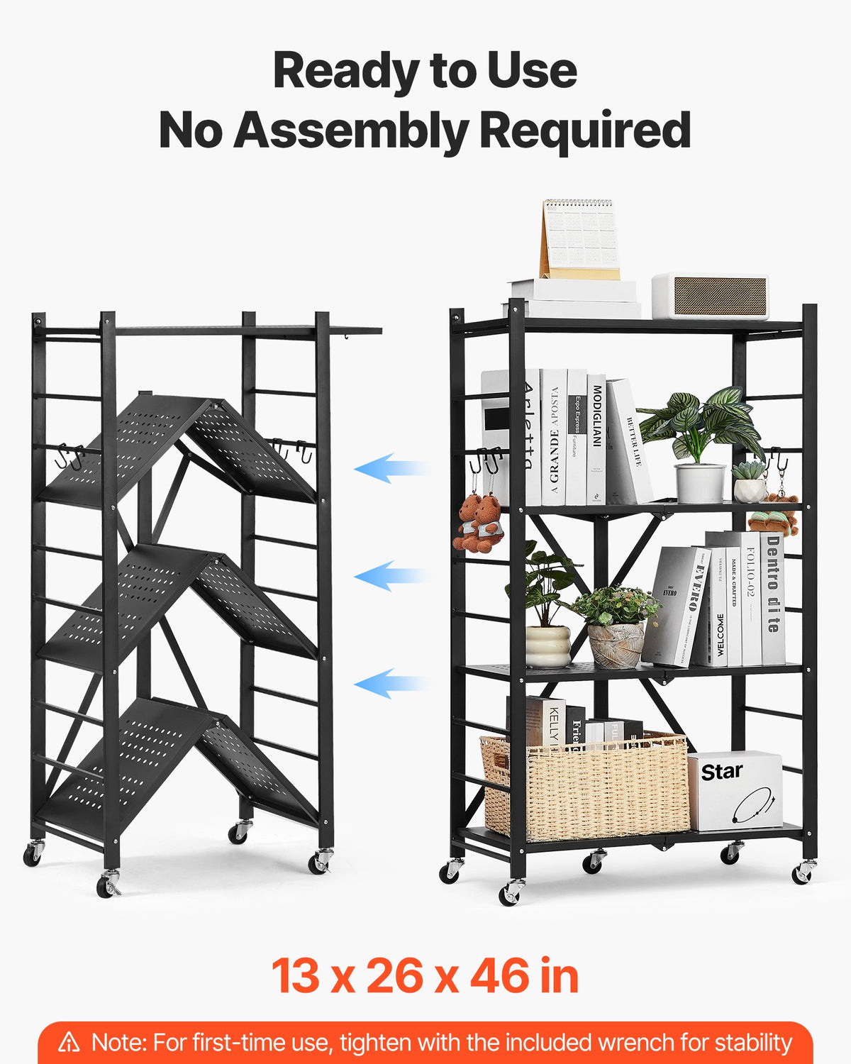 VEVOR 4-Tier Foldable Storage Shelf, 26W x 13D x 46H Inch Folding Metal Rack Shelving Unit, No Assembly Organizer Shelf with 5 Wheels & 4 Hooks for Pantry, Kitchen, Garage, Basement, Black