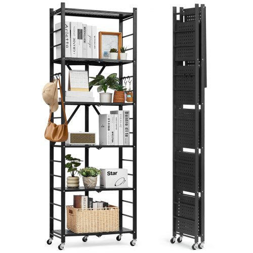 VEVOR 6-Tier Foldable Storage Shelf, 24W x 12D x 72H Inch Folding Metal Rack Shelving Unit, No Assembly Organizer Shelf with 5 Wheels & 4 Hooks for Pantry, Kitchen, Garage, Basement, Black