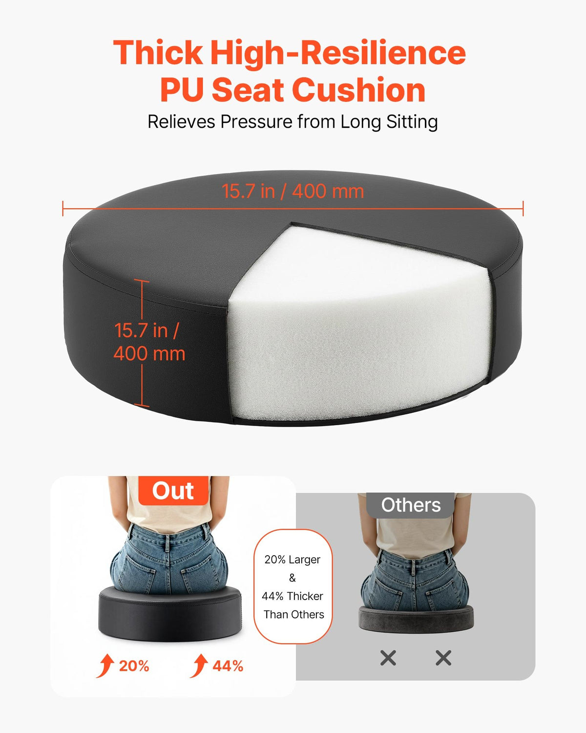 VEVOR Rolling Stools with Wheels, Set of 2, 226.8kg Weight Capacity, Height Adjustable, Thick Cushion Ergonomic PU Leather Seat, 360° Swivel Round Rolling Stool Chair for Salon, Spa, Clinic, Black