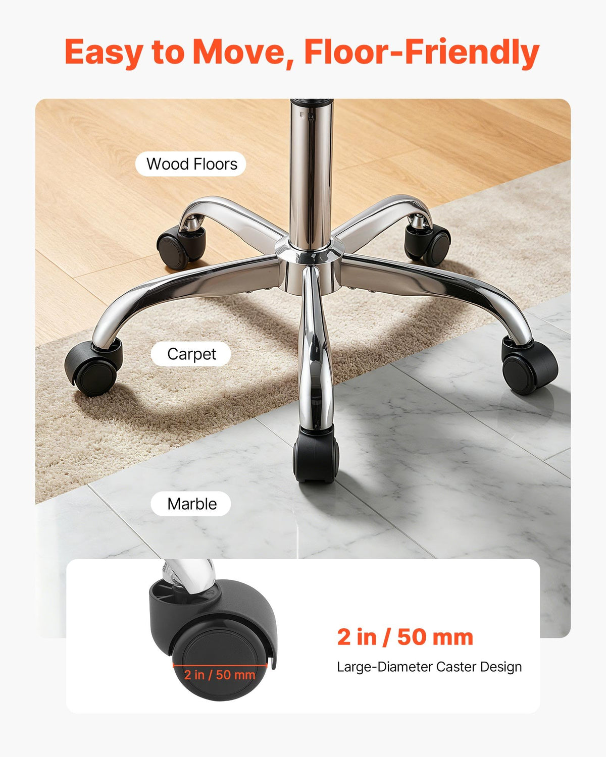 VEVOR Rolling Stools with Wheels, Set of 2, 226.8kg Weight Capacity, Height Adjustable, Thick Cushion Ergonomic PU Leather Seat, 360° Swivel Round Rolling Stool Chair for Salon, Spa, Clinic, Black