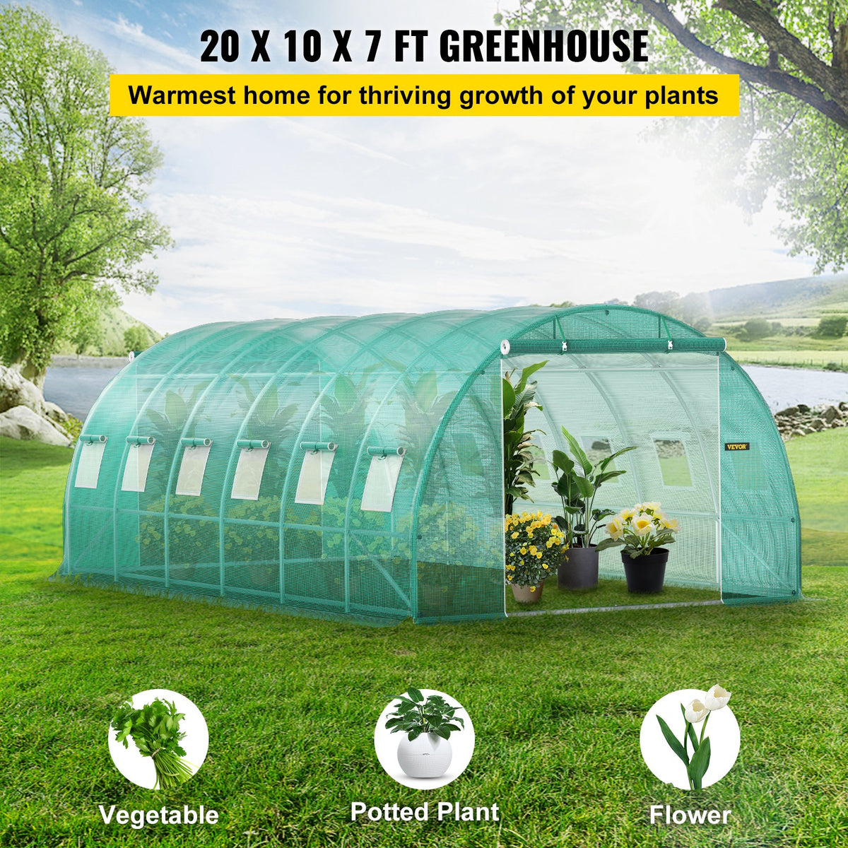 VEVOR Walk-in Tunnel Greenhouse, 609.6 x 304.8 x 213.4 cm Portable Plant Hot House w/ Galvanized Steel Hoops, 3 Top Beams, 4 Diagonal Poles, 2 Zippered Doors & 12 Roll-up Windows, Green