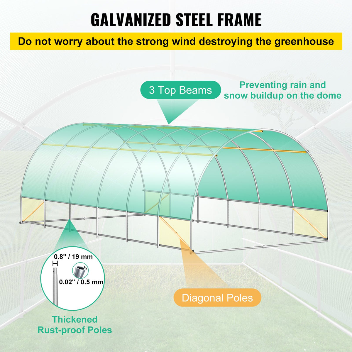 VEVOR Walk-in Tunnel Greenhouse, 609.6 x 304.8 x 213.4 cm Portable Plant Hot House w/ Galvanized Steel Hoops, 3 Top Beams, 4 Diagonal Poles, 2 Zippered Doors & 12 Roll-up Windows, Green
