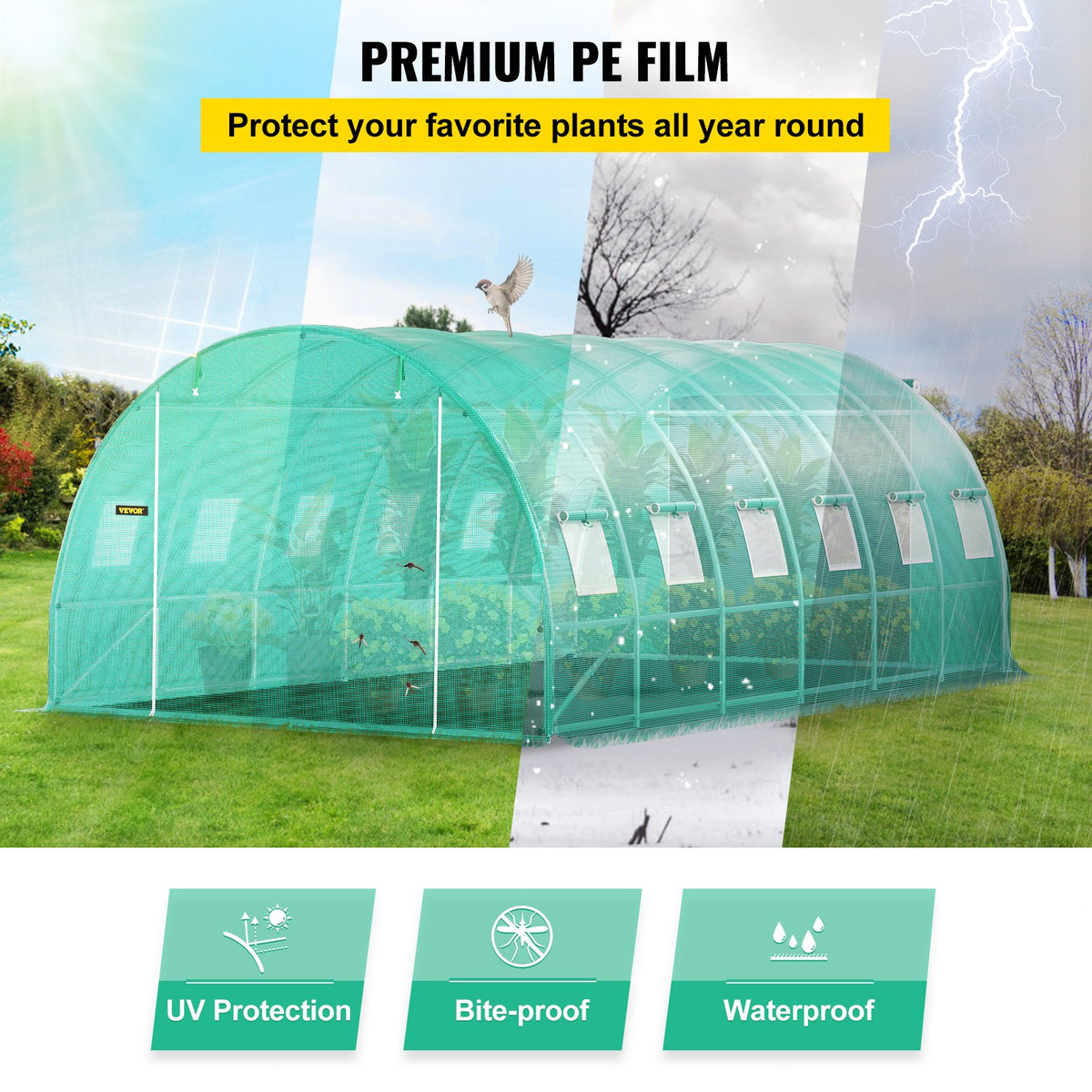 VEVOR Walk-in Tunnel Greenhouse, 609.6 x 304.8 x 213.4 cm Portable Plant Hot House w/ Galvanized Steel Hoops, 3 Top Beams, 4 Diagonal Poles, 2 Zippered Doors & 12 Roll-up Windows, Green