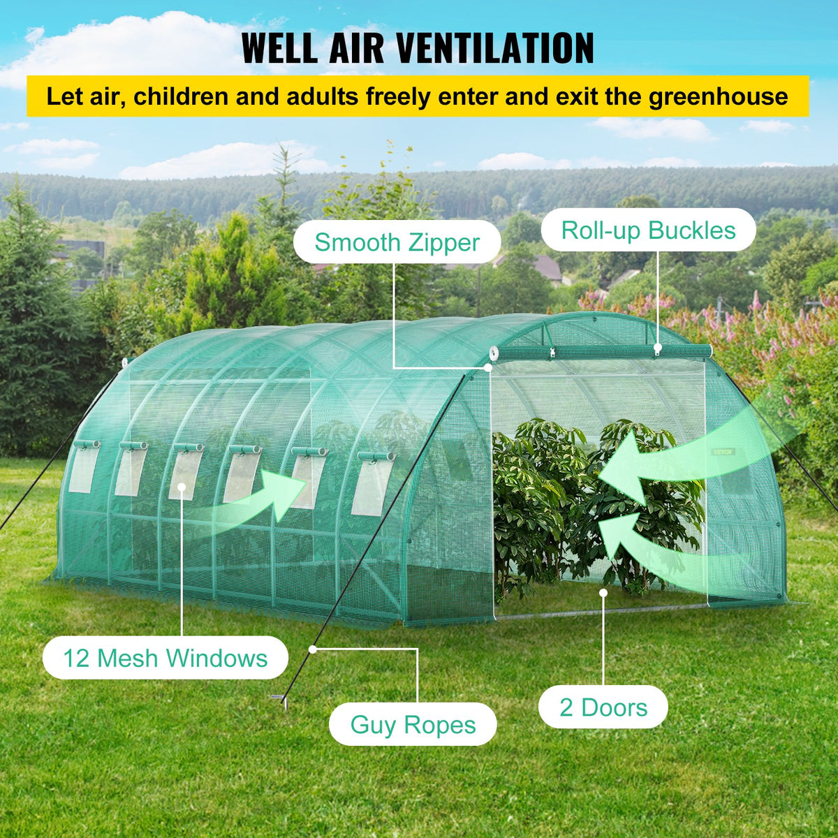 VEVOR Walk-in Tunnel Greenhouse, 609.6 x 304.8 x 213.4 cm Portable Plant Hot House w/ Galvanized Steel Hoops, 3 Top Beams, 4 Diagonal Poles, 2 Zippered Doors & 12 Roll-up Windows, Green
