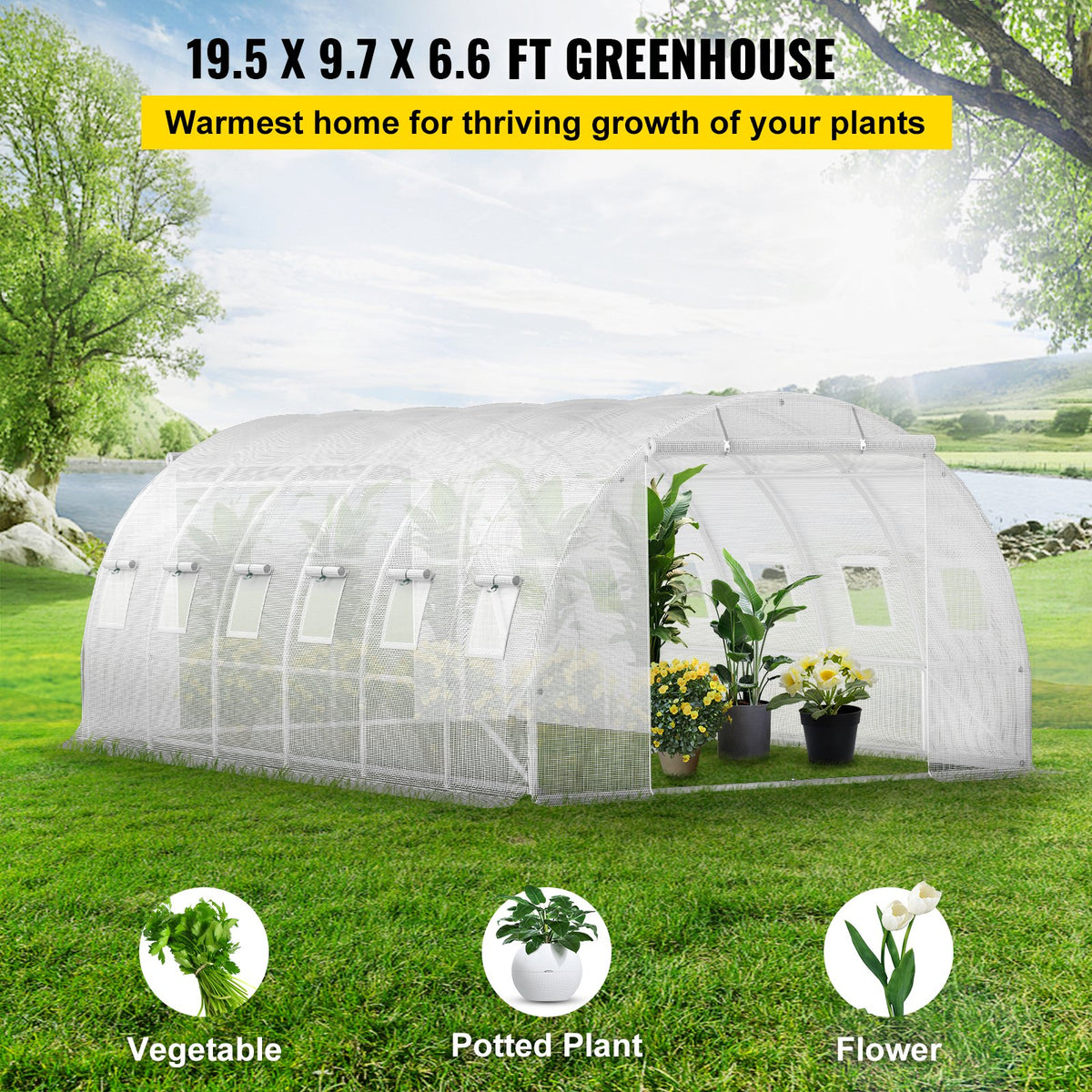 VEVOR Walk-in Tunnel Greenhouse, 609.6 x 304.8 x 213.4 cm Portable Plant Hot House w/ Galvanized Steel Hoops, 3 Top Beams, 4 Diagonal Poles, 2 Zippered Doors & 12 Roll-up Windows, White