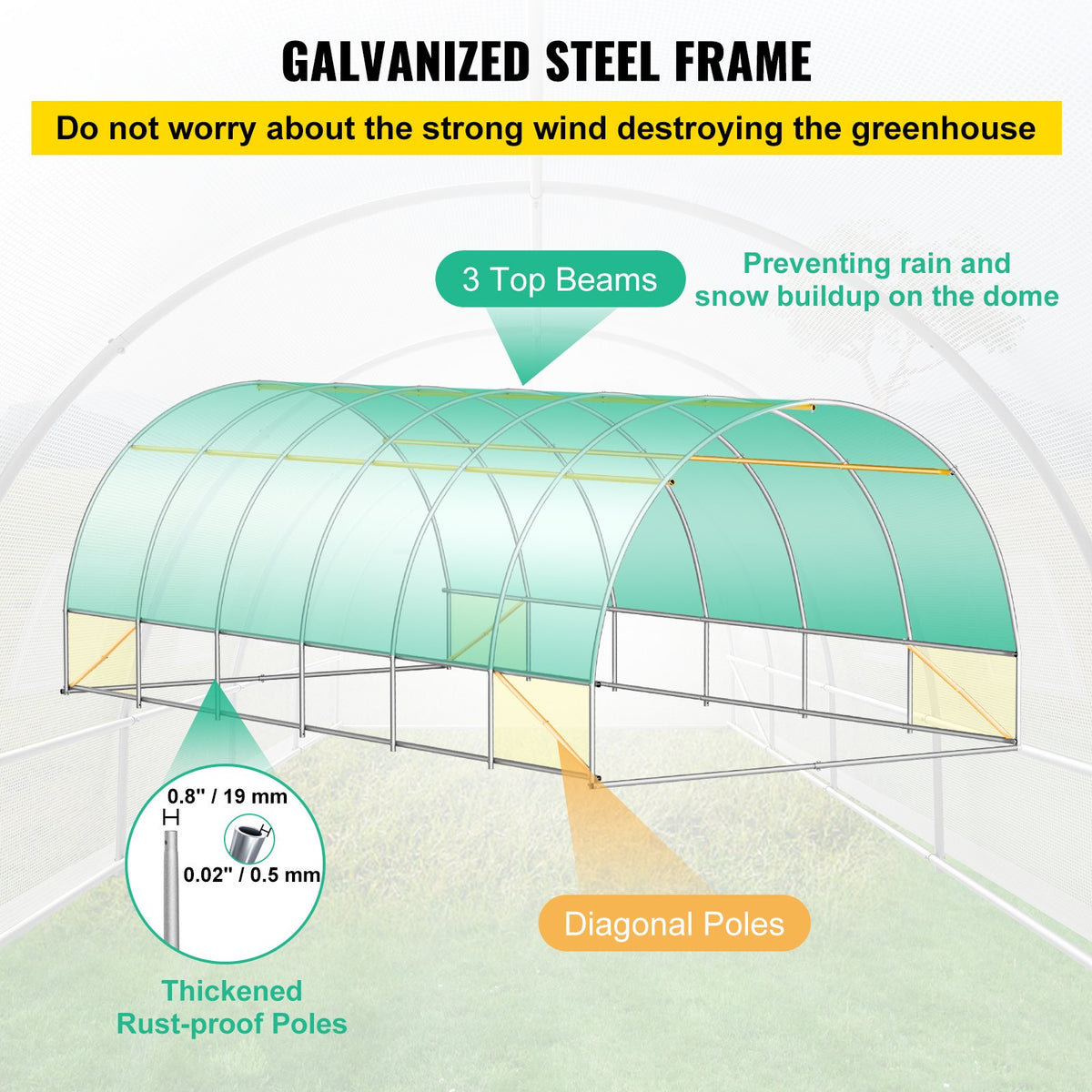VEVOR Walk-in Tunnel Greenhouse, 609.6 x 304.8 x 213.4 cm Portable Plant Hot House w/ Galvanized Steel Hoops, 3 Top Beams, 4 Diagonal Poles, 2 Zippered Doors & 12 Roll-up Windows, White