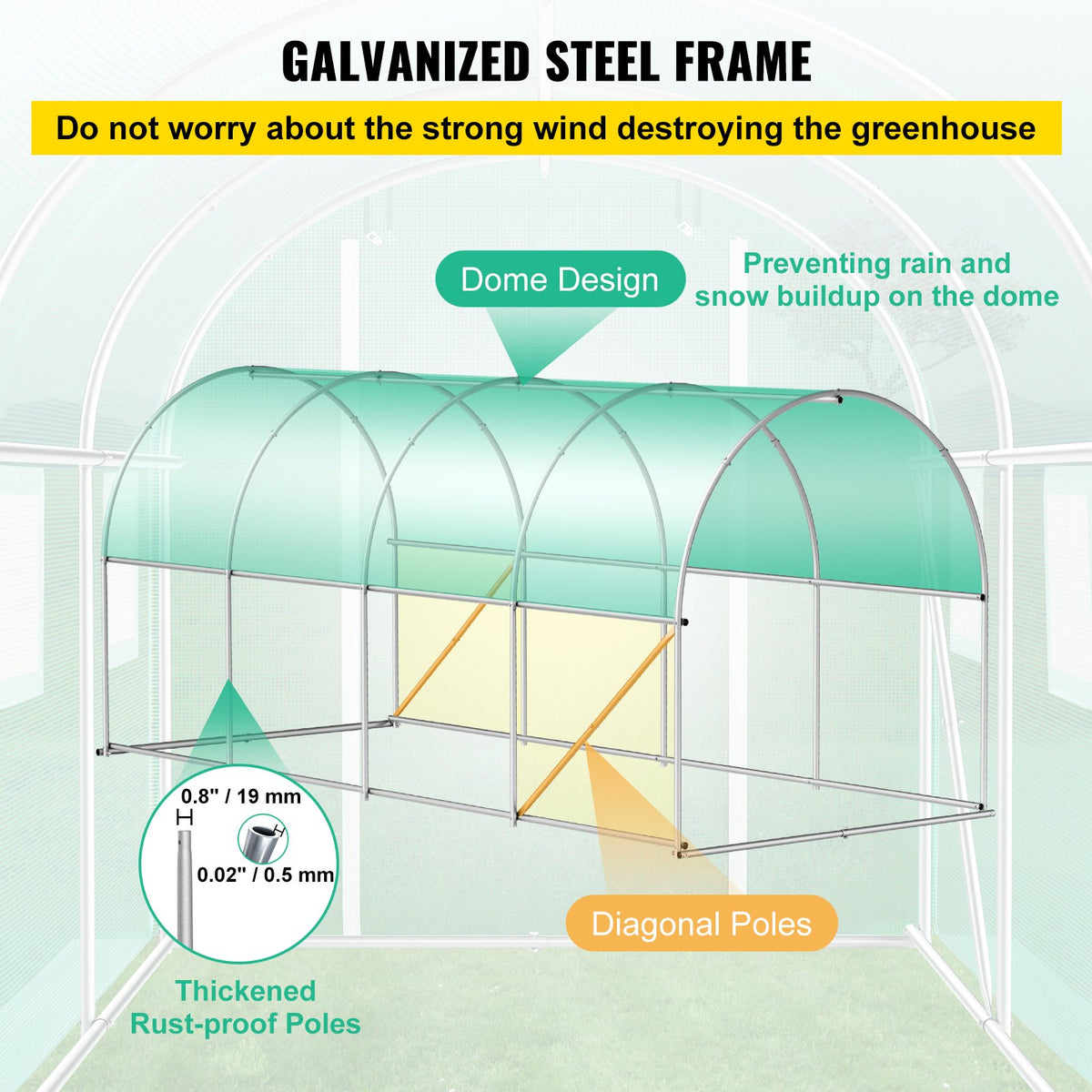VEVOR Walk-in Tunnel Greenhouse, 457.2 x 198.12 x 213.4 cm Portable Plant Hot House w/ Galvanized Steel Hoops, 1 Top Beam, 2 x Diagonal Poles, 2 Zippered Doors & 8 Roll-up Windows, White