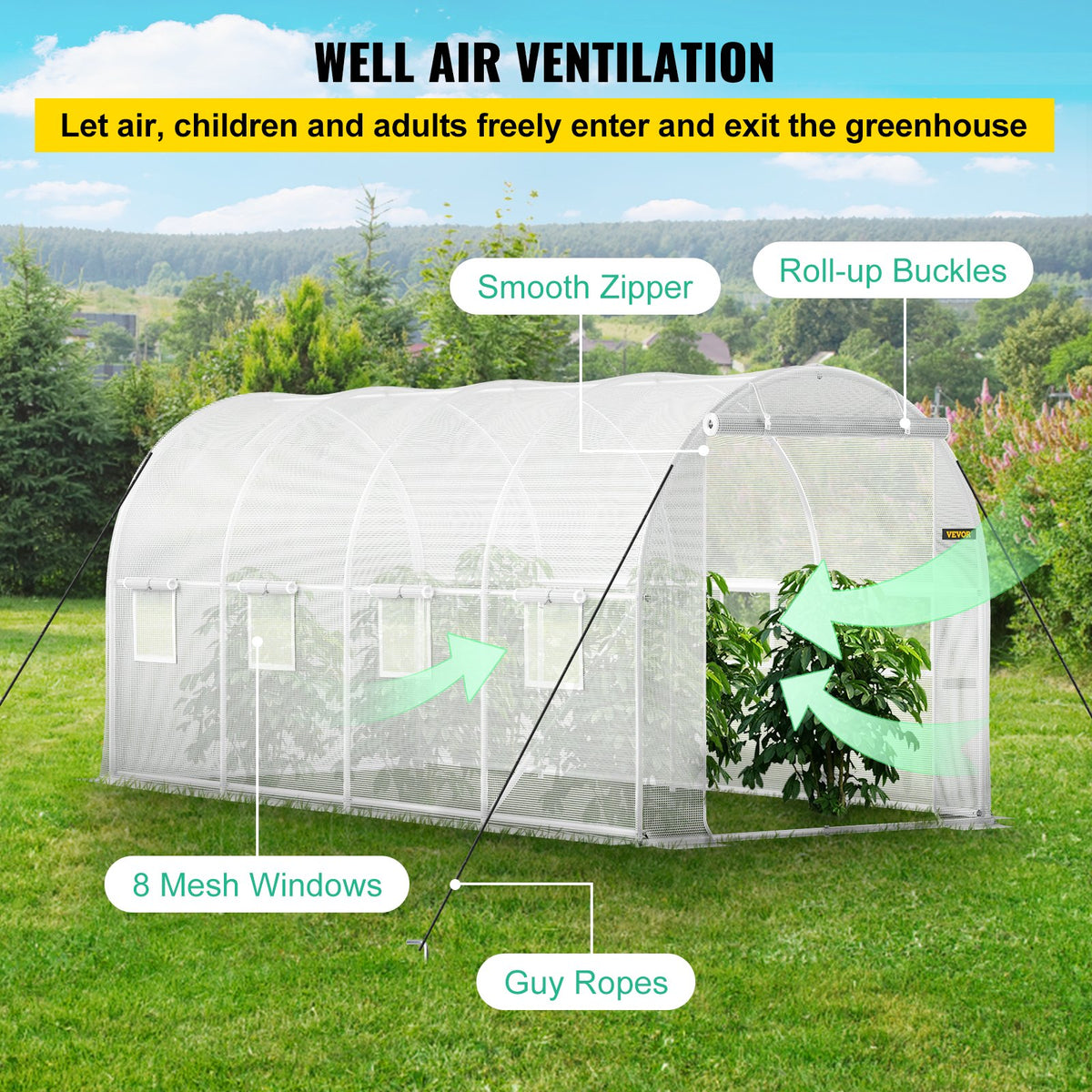 VEVOR Walk-in Tunnel Greenhouse, 457.2 x 198.12 x 213.4 cm Portable Plant Hot House w/ Galvanized Steel Hoops, 1 Top Beam, 2 x Diagonal Poles, 2 Zippered Doors & 8 Roll-up Windows, White
