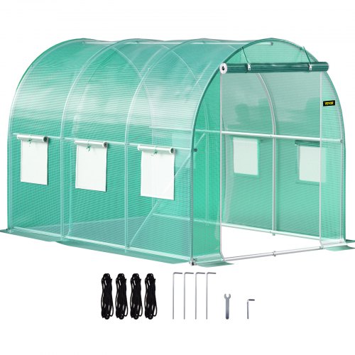 VEVOR Walk-in Tunnel Greenhouse, 304.8 x 213.4 x 213.4 cm Portable Plant Hot House w/ Galvanized Steel Hoops, 1 Top Beam, Diagonal Poles, Zippered Door & 6 Roll-up Windows, Green